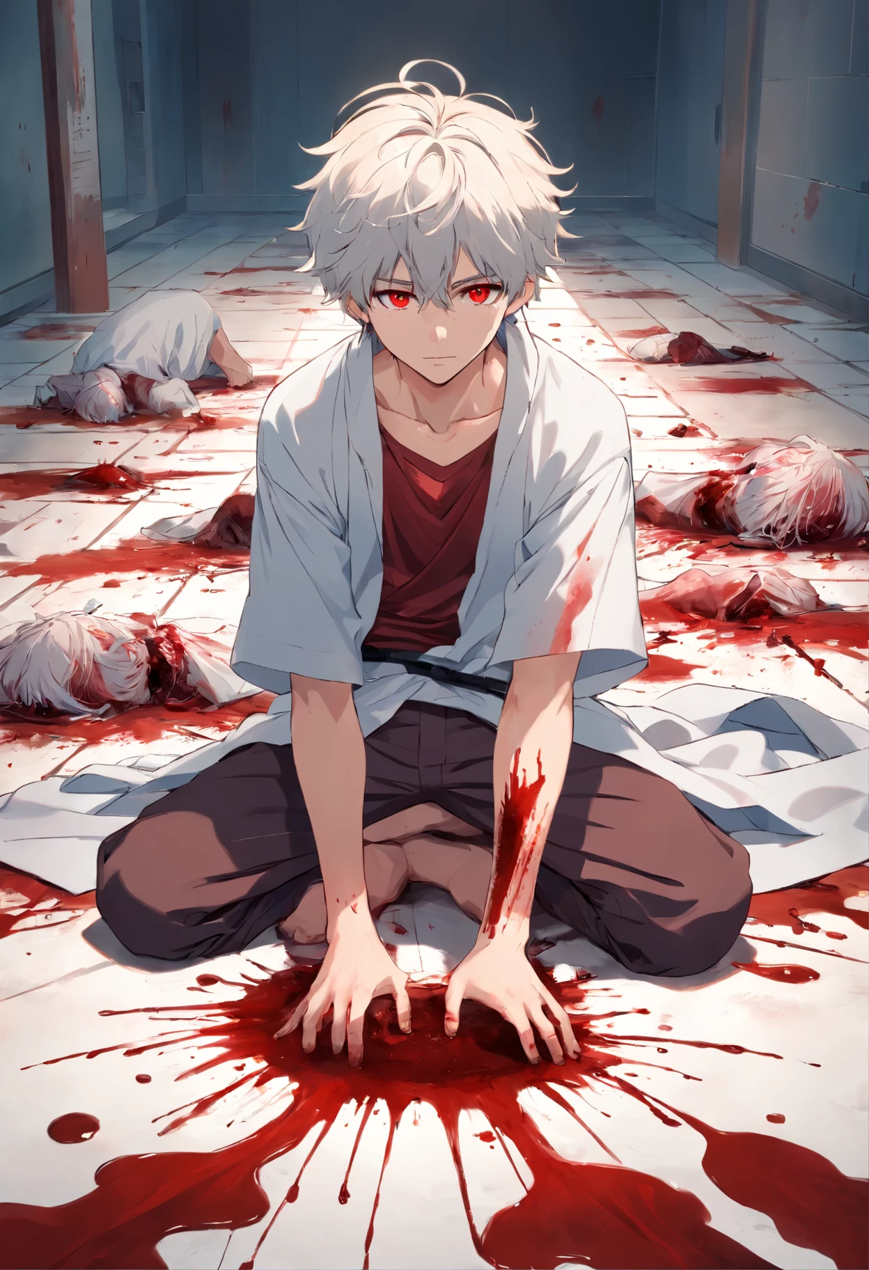A young man with curly white hair and blood red eyes with a white garment strapped with blood on his body on the floor a pile of dead bodies with blood on the floor