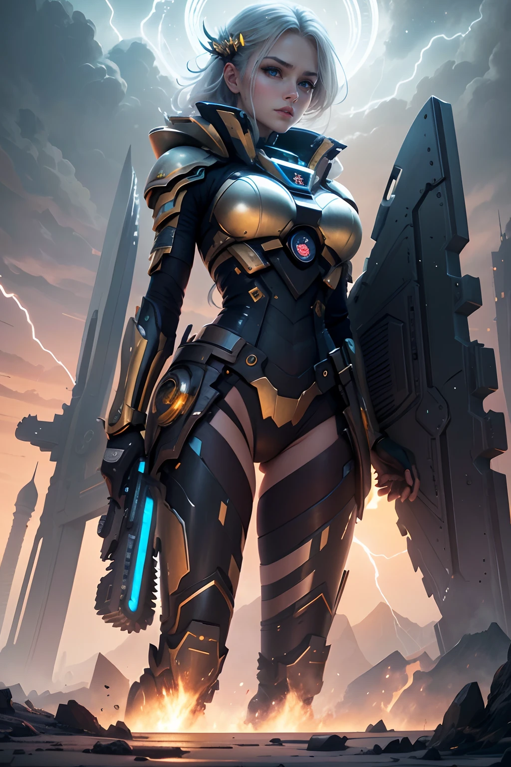 realistic visual effects，attractive beautiful，dramatic contrast，Gentle lighting，Delicate warmth，the soft light，hyper HD，Extremely colorful，best qualityer，Snow-whiteskin，8K high quality，Sexy goddess，A pair of big eyes are beautiful and moving，White skin，Makeup，Sexy outfit，Armed with futuristic modern weapons，gold；jewely；Blue Electric，【Background with】Large gears，Large gears，Doomsday ruins，Giant tornado，Strange sky，Lightning Thunder，The setting sun burns the dark clouds，Multiple planets，The end of the world，Multiple planets，Mards，Jupiter，Mercury，Strange sky，The Eiffel Tower，Egyptian pyramids，Great Wall of China，Giant Tornado ultra-futuristic car，Cool headlights。