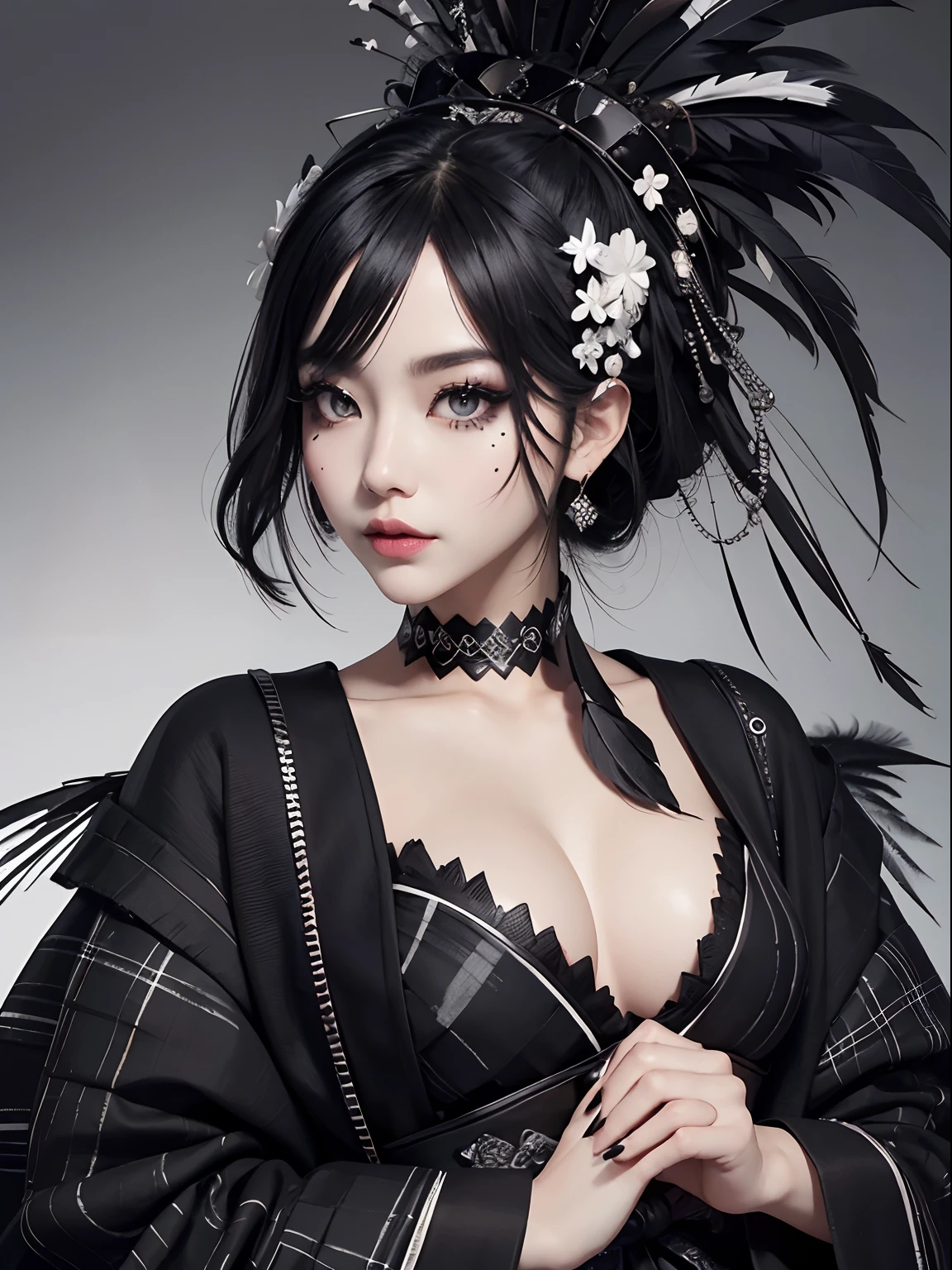 Black and white plaid kimono、a lot of black feathers on the head,,,,,、Black eyeliner and black eyeshadow、A detailed face、detailed facial expression、Shoot from the waist up、Dynamic Posing、Fancy makeup、Fancy face paint、