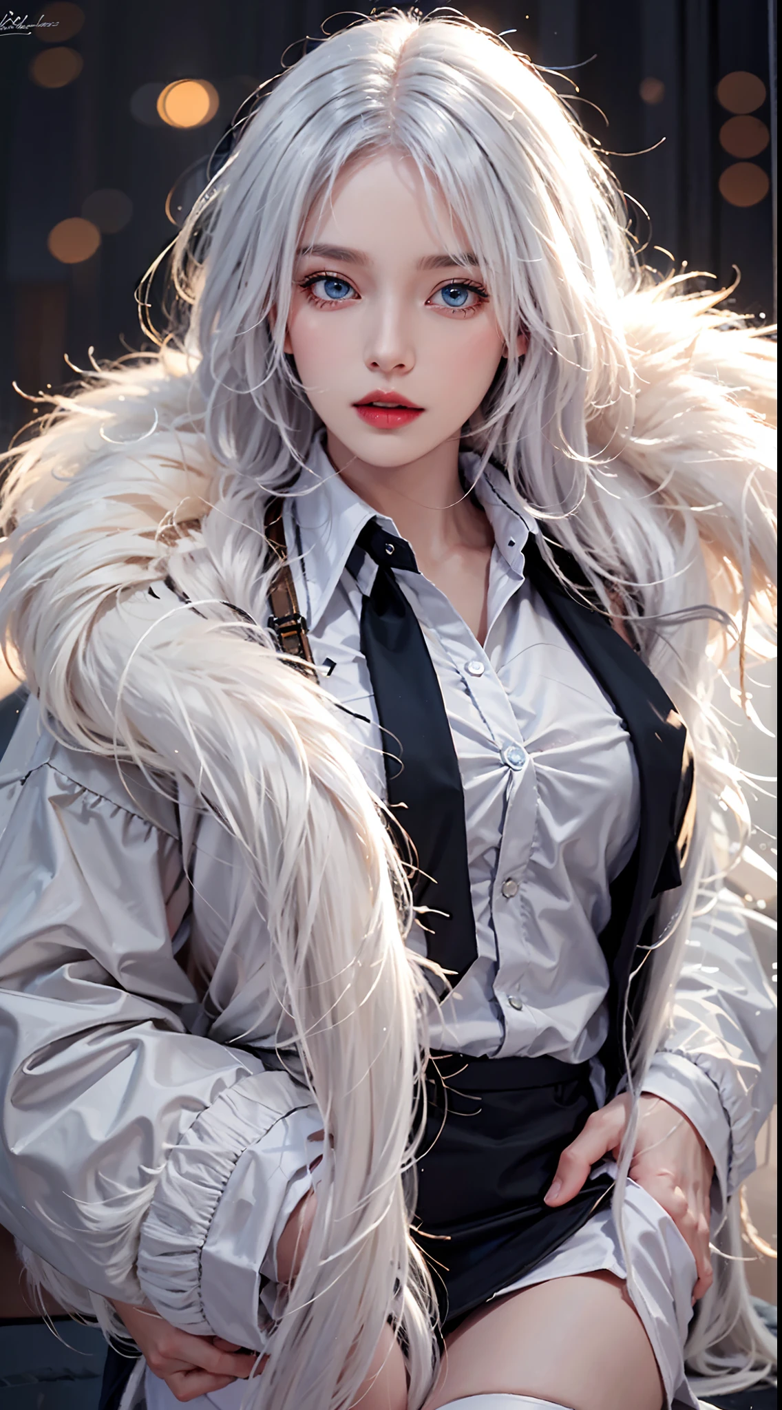 photorealistic, high resolution, soft lights, 1women, solo, hips up, blue eyes, white hair, long hair, close lips, collared shirt, black necktie,black skirt, pencil skirt, fur coat, stockings