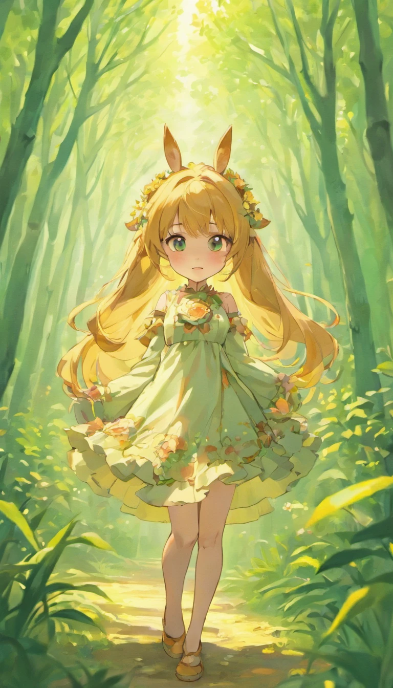 fawn,Foraging in the forest,Soft grass,Flowers surround you,apple trees,Close-up,8K,High quality,Lisa Mirroy, Sassy, she has a crown of flowers,detailed beautiful animals, adorable and whimsical