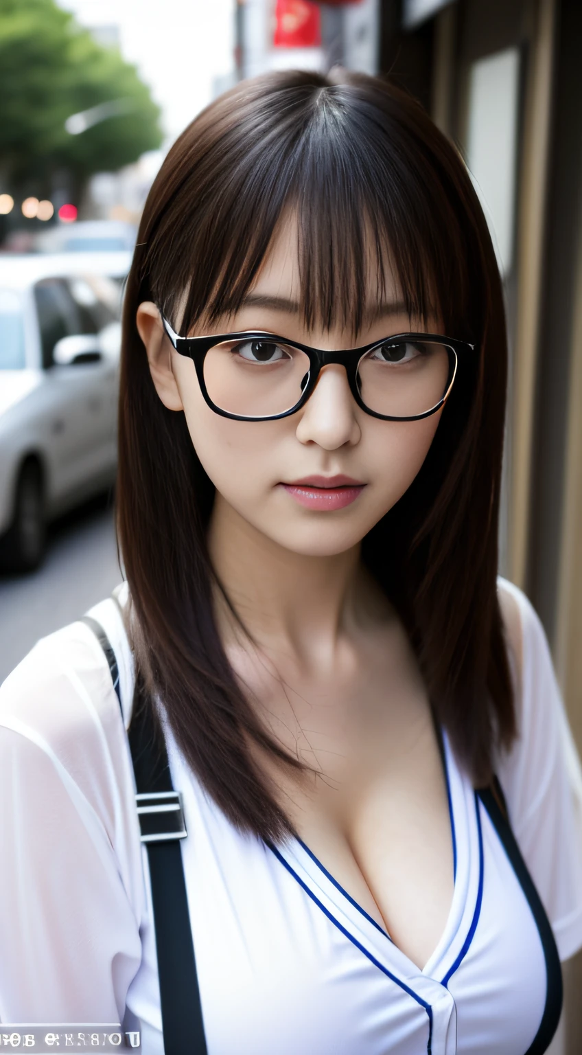 （wears glasses）、Call a taxi、Take a taxi、absolutely outstanding image, very extremely beautiful、​masterpiece, top-quality,a picture, kawaii、(Colossal tits:1.2)、,8K,Japan girl realistic young idol、Young cute gravure idol、Young Sensual Gravure Idol、Young gravure idols、model in Japan