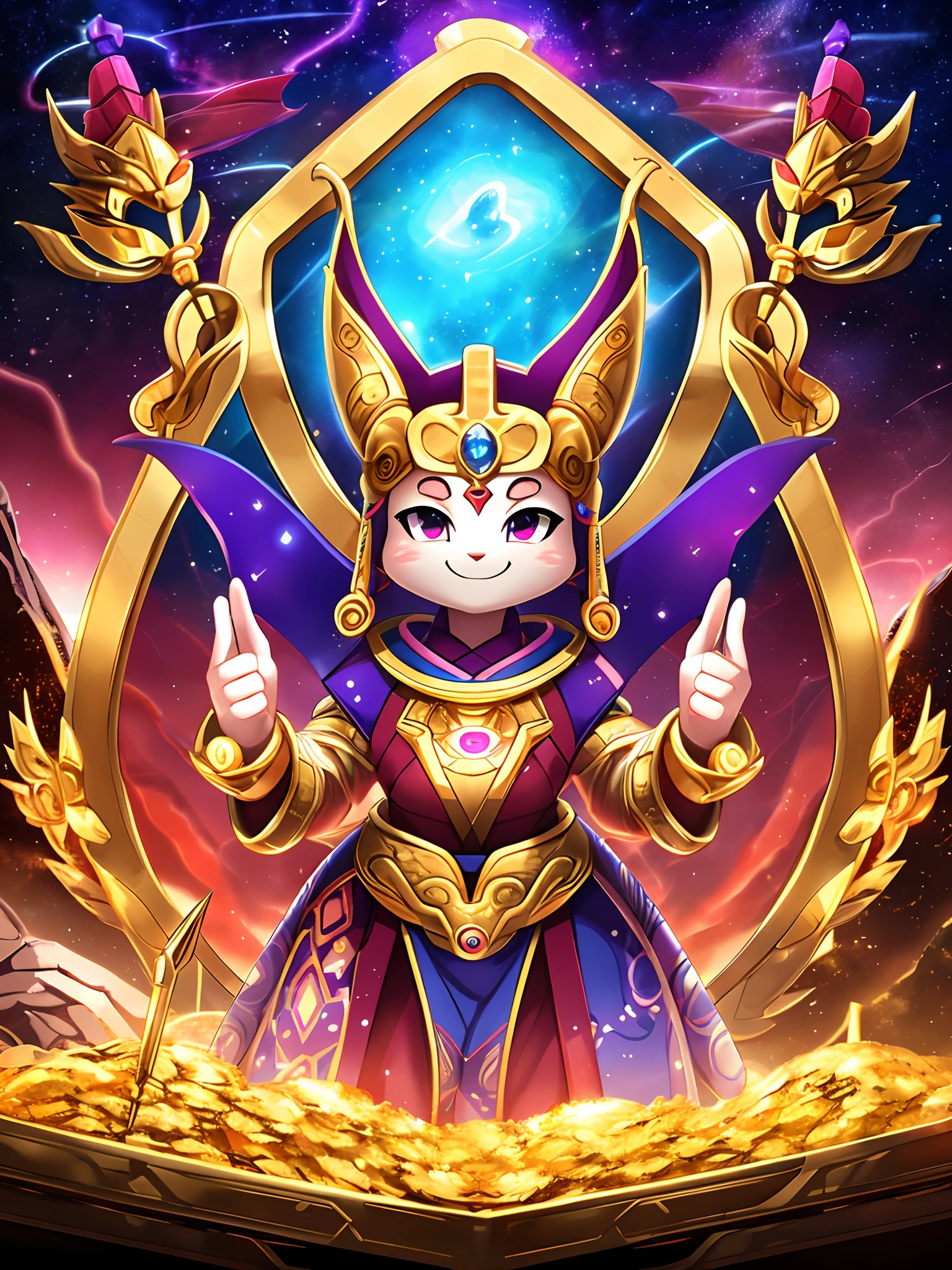 top-quality, masterpiece, 8K picture quality, High-density illustration, Full Body Display, (goddess of Japan:1.1, Omniscience and omnipotent power), Advent from a fantastic space, Colorful colors, cute face, A smile that brings good luck, (Looking at the camera from the front), Gold treasure on background, Golden wand in left hand