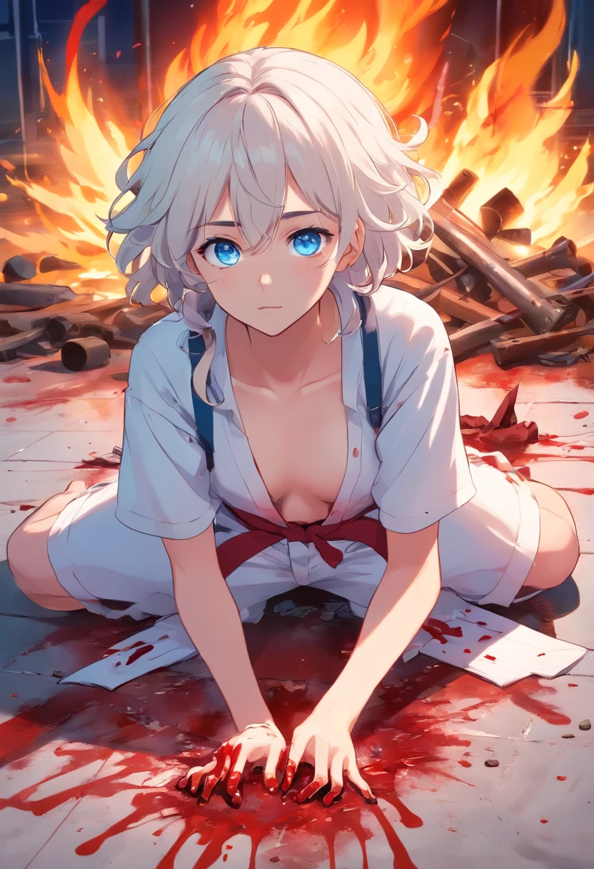 A young teenager with curly white hair and vibrant blue eyes in a white outfit tied with blood on the body on the floor, a pile of corpses with fire on the ground;