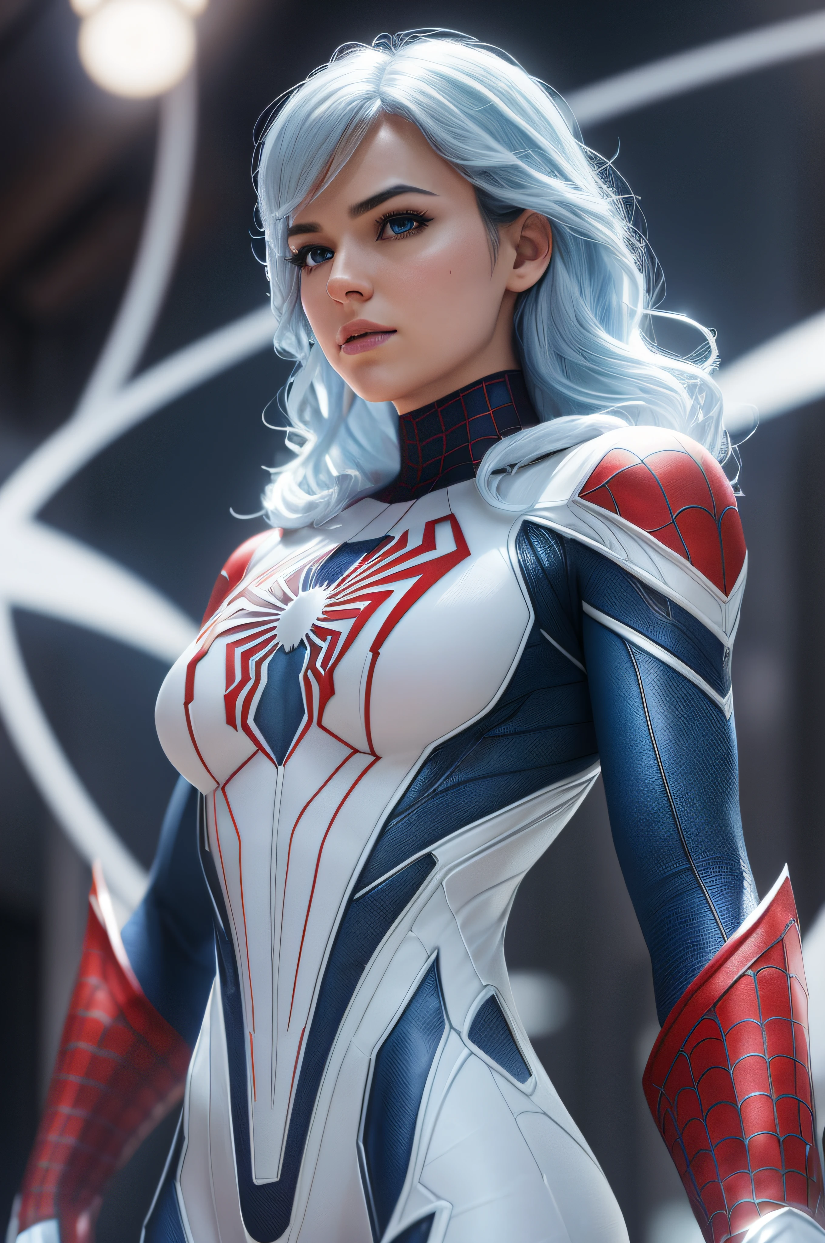 (CG Unity 8K wallpaper in extreme detail,tmasterpiece,Highest image quality),(Delicate light and shadow,The picture is highly dramatic,Cinematic lens effect),A girl in a white Spider-Man costume,Ice-blue hair color,From the Spider-Man parallel universe,Wenger,Marvel,Spidey,are standing,dynamicposes),(Exceptional detail,The lighting effect is outstanding,Vista wide angle),(Excellent rendering,Enough to stand out from the crowd),The focus is on the white Spider-Man costume,Complex spider textures