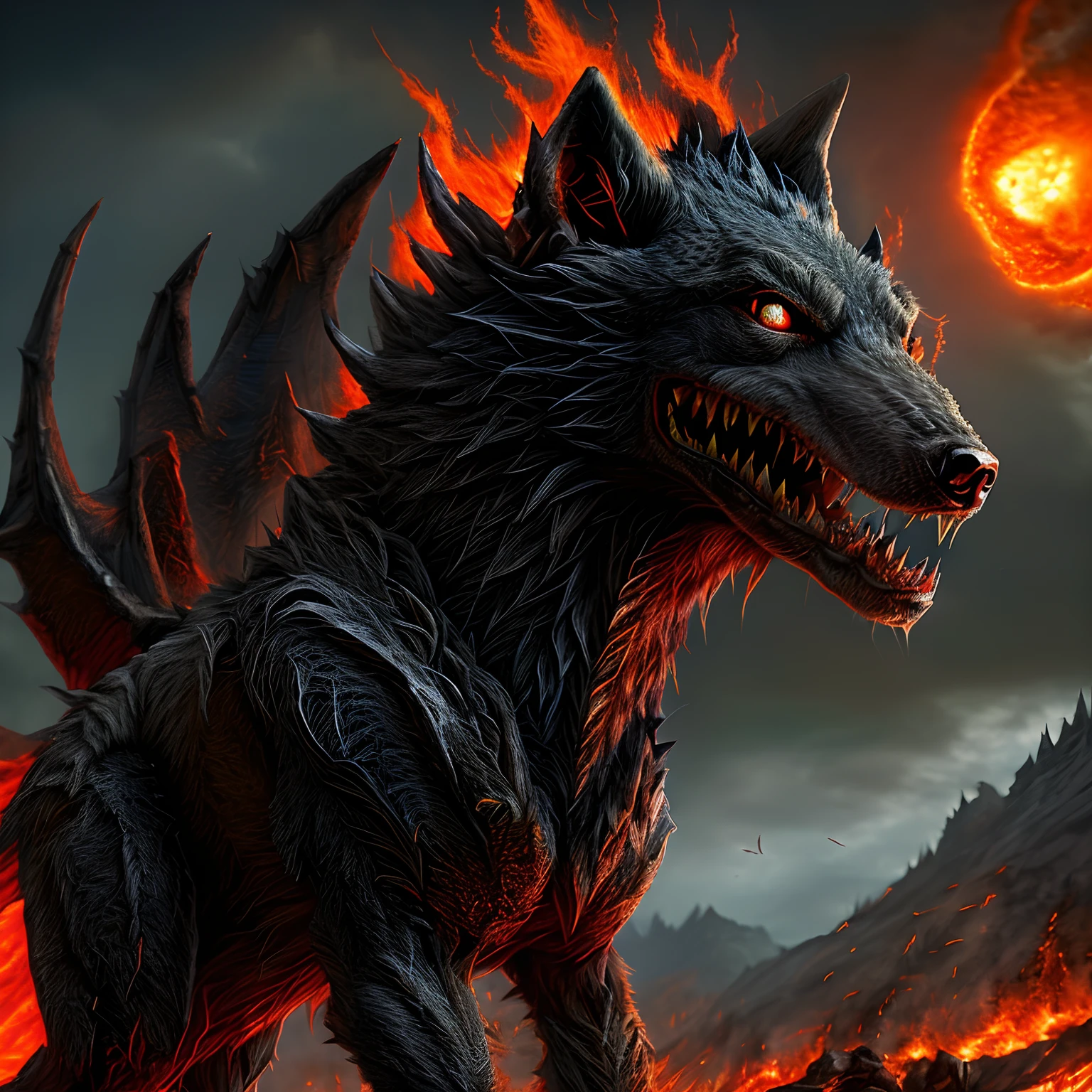 Devilish humanoid wolf，Redness of the eyes，Sharp teeth, Demon Wolf in Hell, Wolf Spitfire, alduin, Lava magma in the background, fantasy style 8 k octane render, Huge humanoid wolf as background, fierce expression 4k, 4 K detail fantasy, Wolf Spitfire, hyper realistic fantasy monster, Black wolf, Furry art