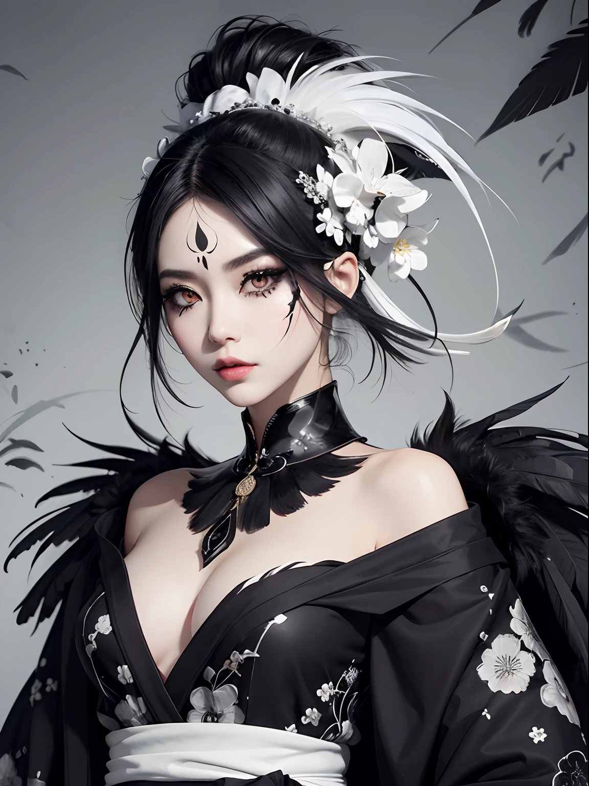 Kimono with black and white marble pattern、a lot of black feathers on the head,,,,,,、Black eyeliner and black eyeshadow、A detailed face、detailed facial expression、Shoot from the waist up、Dynamic Posing、Fancy makeup、Fancy face paint、