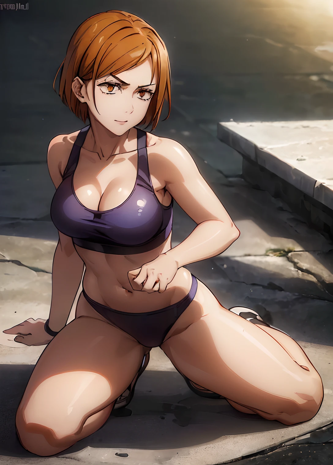 ((top quality, 8k, masterpiece: 1.3, ultra hd, high quality, best quality, high definition, realism)), sharp focus: 1.5, Model Nobara kugisaki, orange eyes, Mole under the outer edge of the eye, Short orange hair, Small breasts, ((((confidente face)))), ((((yoga))))