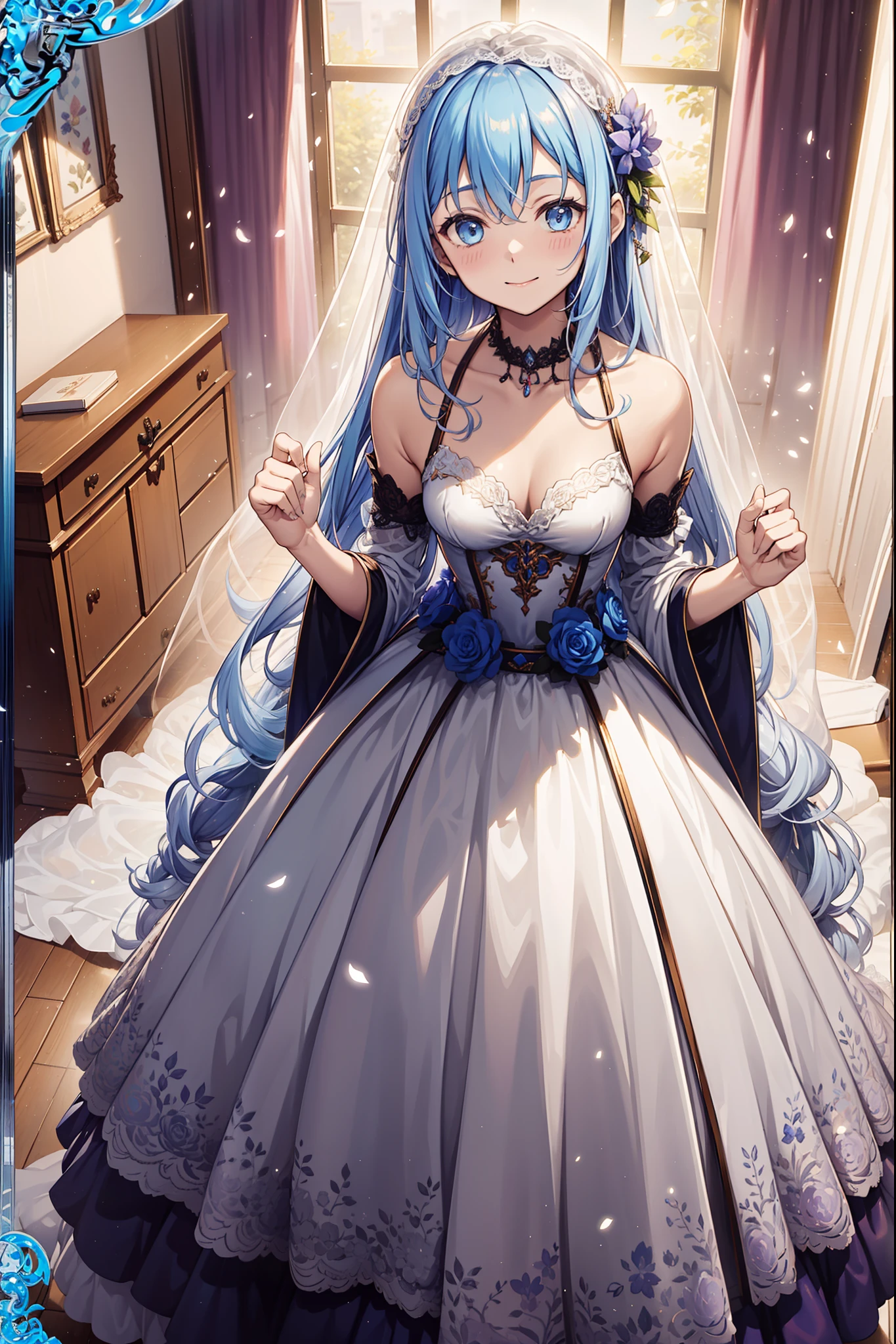 s girl,Enchanted,having fun,Being in love,divino,Light white wedding dress,Lilac cloth,see-through transparent clothes,exquisite costumes,A small amount of lace,Bedrooms,solo person,(blond hairbl),pale blue color eyes,the night,