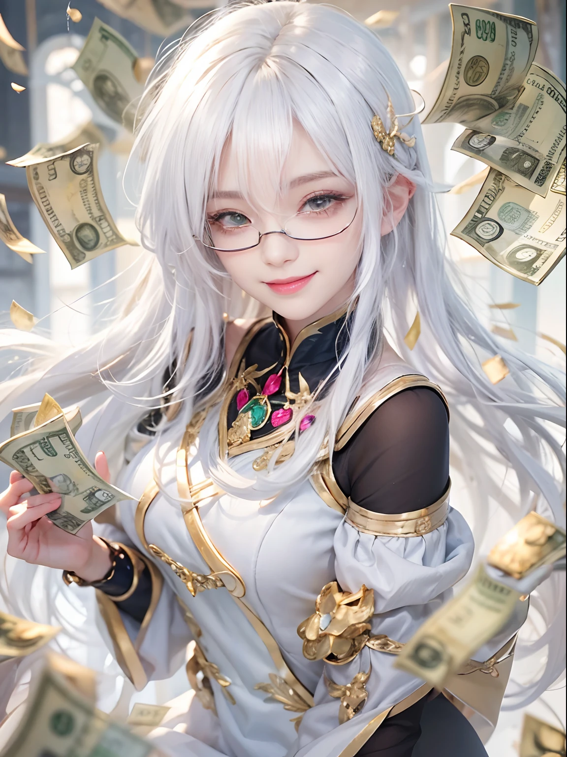Best quality, White hair, Gold eyes, White clothes, Looking up,, Hairline, Fair skin, Smiling, eye glass, Throw money，White stockings
