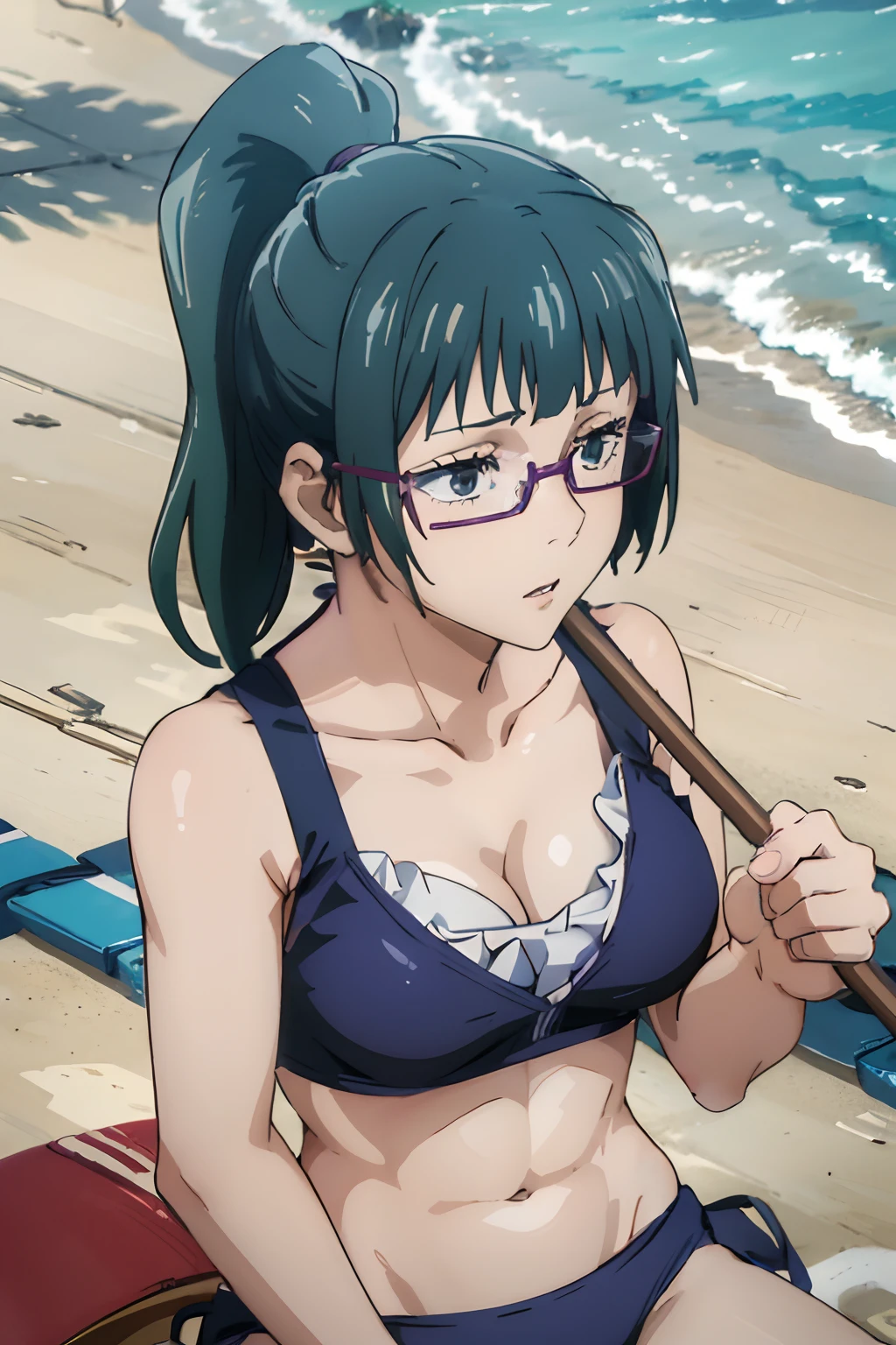 Girl in bikini on the beach, Enchanting anime girl, realistic bikini, Best Anime 4k Konachan Wallpapers, Smooth Anime CG Art, Zhenyuan Maki. (Best Quality, 4K, Ultra-detailed, Realistic:1.2), Vibrant colors, Soft lighting, Beach-like atmosphere, Crystal clear water,Long ponytail,Girl Wearing Glasses, thick thighs, (((close up))), ((masturbating))