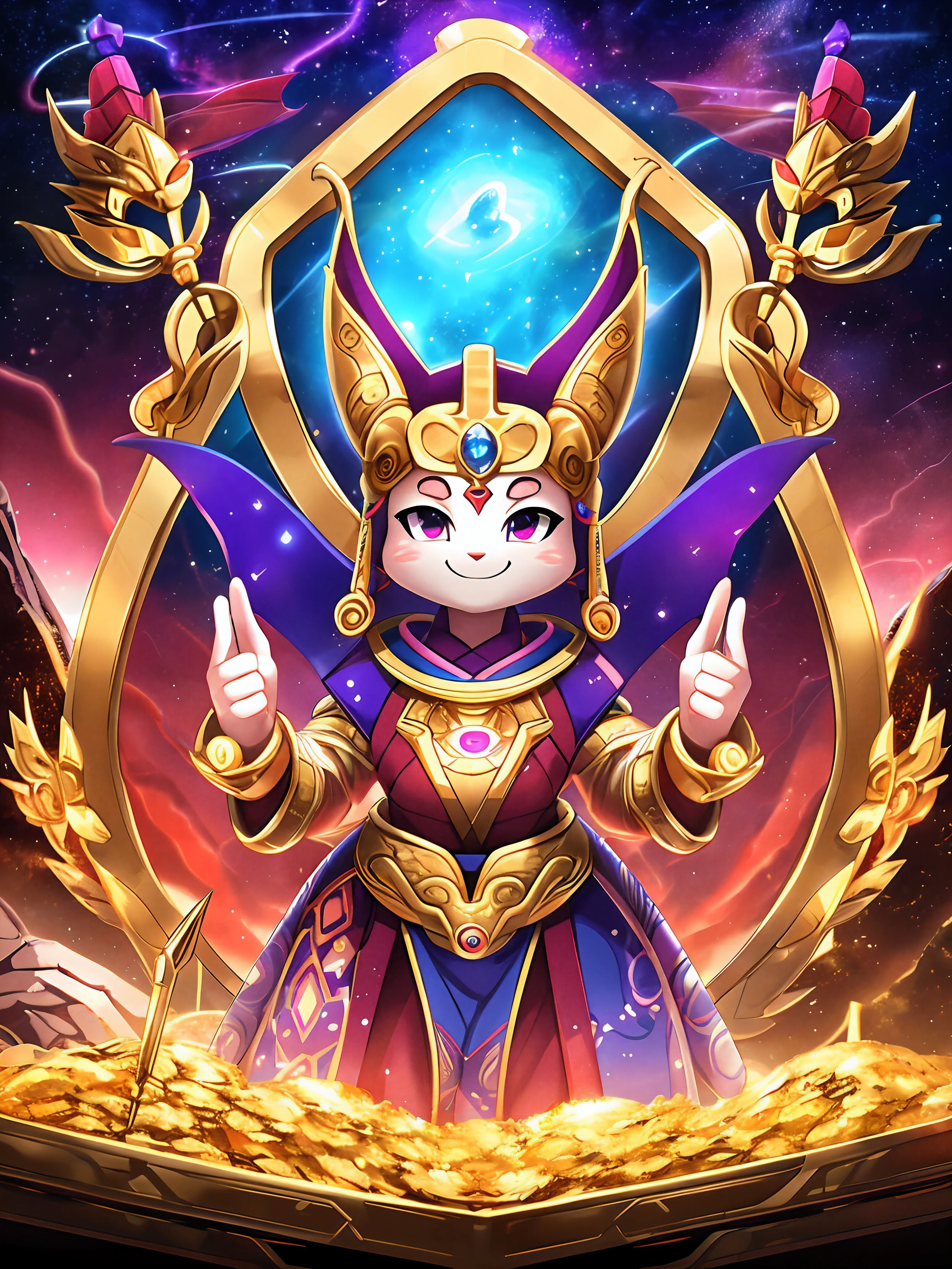 top-quality, masterpiece, 8K picture quality, High-density illustration, Full Body Display, (goddess of Japan:1.1, Omniscience and omnipotent power), Advent from a fantastic space, Colorful colors, cute face, A smile that brings good luck, (Looking at the camera from the front), Gold treasure on background, Golden wand in left hand