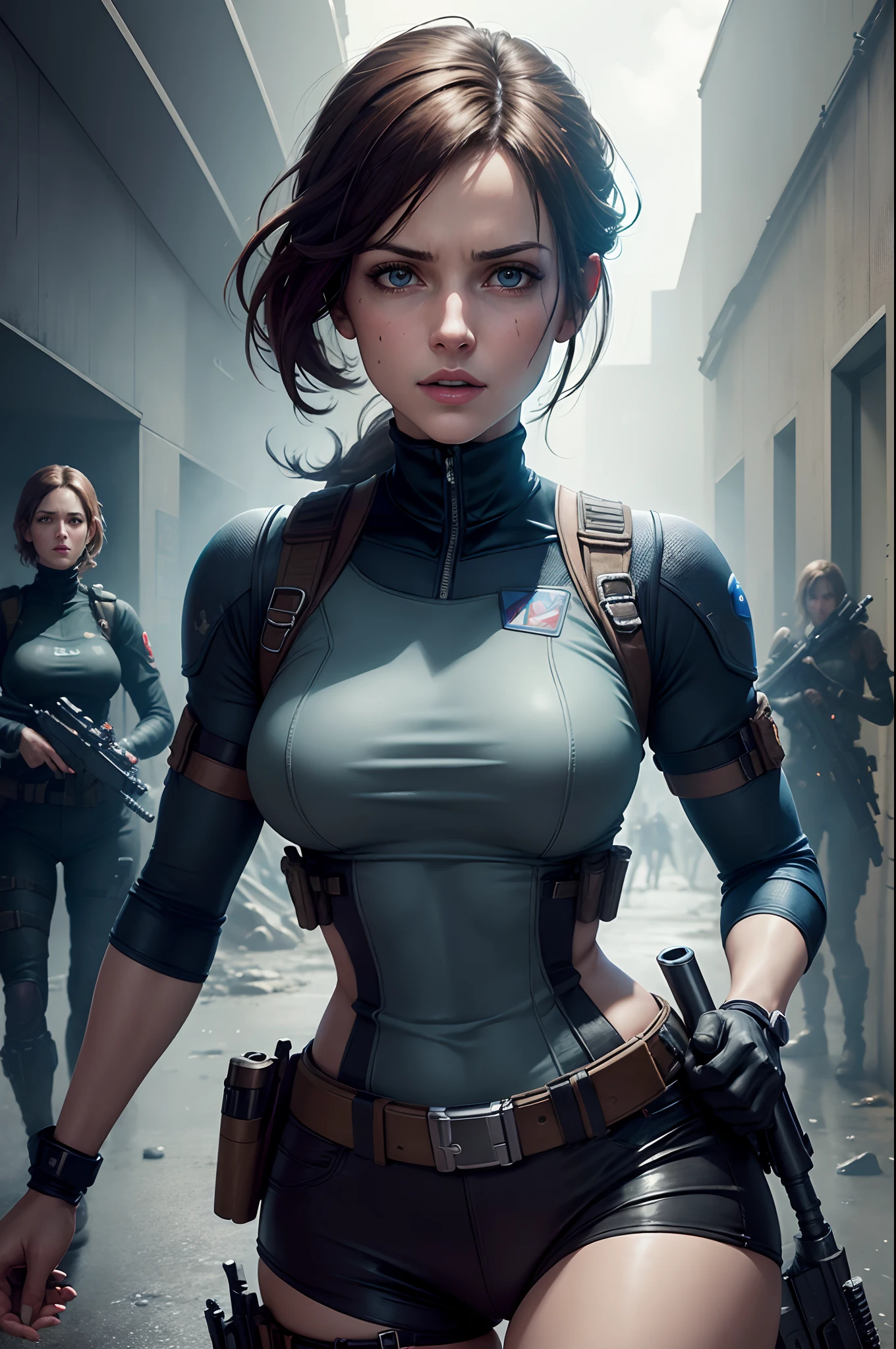 (Sci-fi fantasy), (Masterpiece), (professional oil painting) (best quality), (8k resolution), Jill Jill Valentine, Claire Valentine, Resident Evil, G virus, Raccoon City, capcom video game, focous on facees features of both Jill and Claire , beautiful faces, Zombies, G virus on the background, shooting positions, gun in their hands
