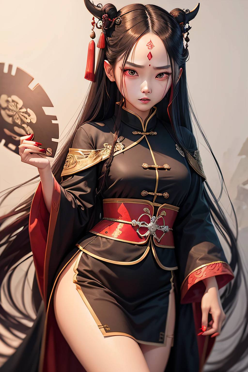 (one-girl),(Wearing the official uniform of the Qing Dynasty of China),There are Dao talismans on the forehead,poison fangs,Long red nails,long whitr hair,The expression is grim,Background Black