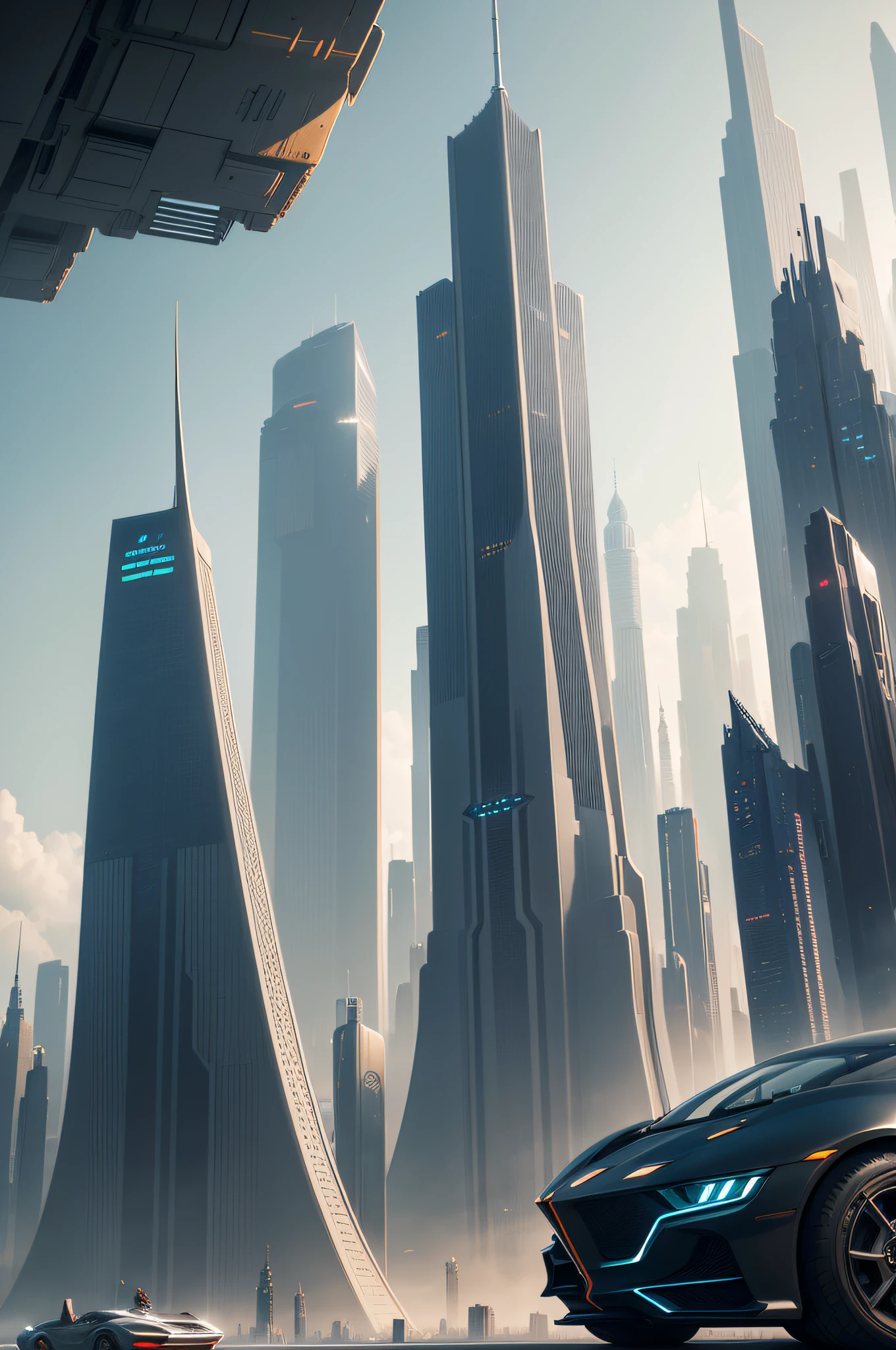 futuristic city with futuristic skyscrapers and futuristic vehicles in the foreground, a matte painting inspired by Raphael Lacoste, cg society contest winner, futurism, beautiful city of the future, futuristic dystopian city, futuristic city, sci - fi city, sci fi city, vista of futuristic city, futuristic cityscape, futuristic city scape, city of the future, futuristic city in background