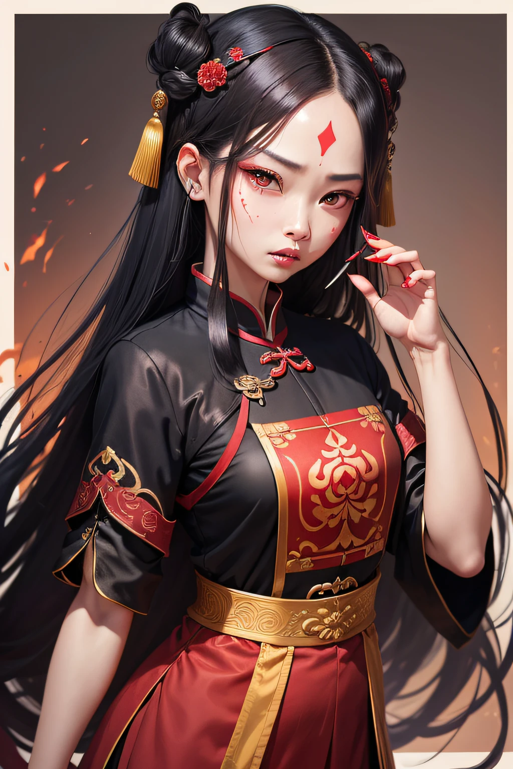 (one-girl),(Wearing the official uniform of the Qing Dynasty of China),There are Dao talismans on the forehead,poison fangs,Long red nails,long whitr hair,The expression is grim,Background Black
