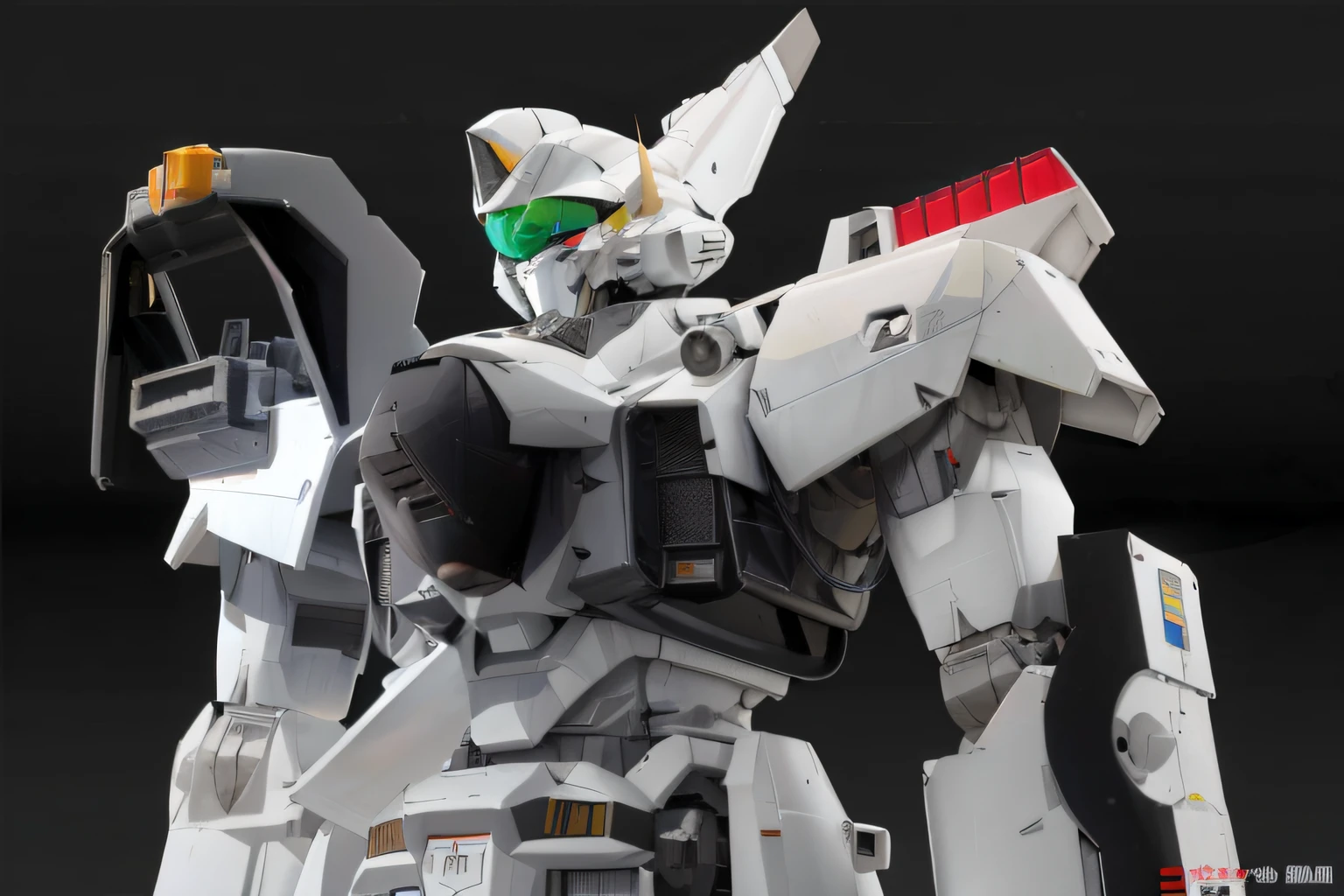 Close-up of a robot with a gun in his hand, White Mecha, high detail shot, ferra white mecha, fused mecha parts, Robotic Styling, Matte White Color Armor, , Alexandre Ferra White Mecha, mecha robot details, extra detailed body, Patlabor Style Armor, up close shot, high resolution details , 1" AV Ingram 98, In the hangar, Cockpit open,Follow pre-processed images