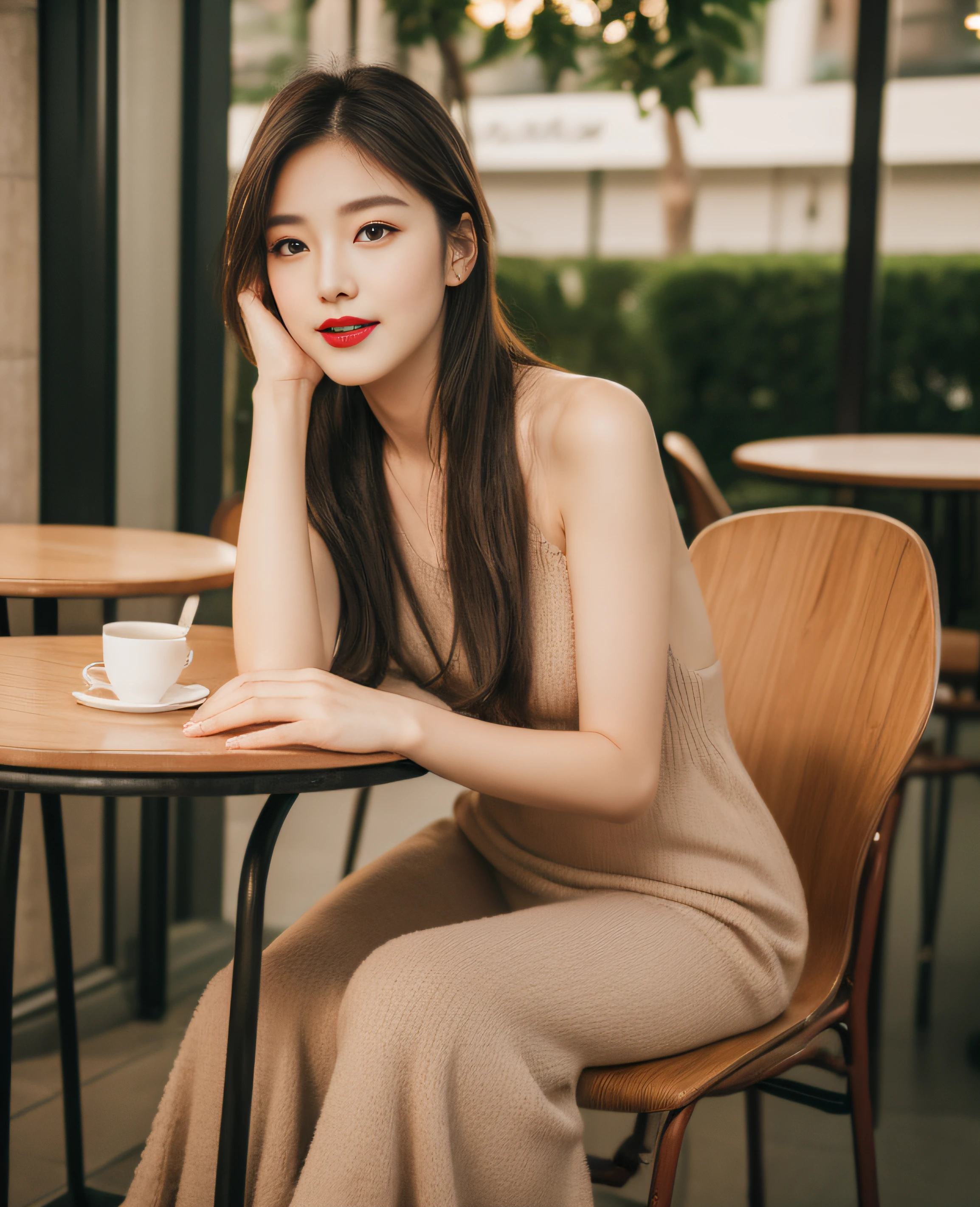 ((Top quality, 8K, masterpiece: 1.3)), Beautiful girl, pure, melon face, gentle and cute, sweet kissing gesture, sweet smile, pure desire, slender body, (front), (tilted head), ((looking) at the camera)), wearing suits of different colors, medium hair, normal chest, long flowing shoulders, big round black eyes, big clear eyes, moist red lips, sweet , sitting on a chair, the background of the cafe terrace at dusk, (((full body shot))),