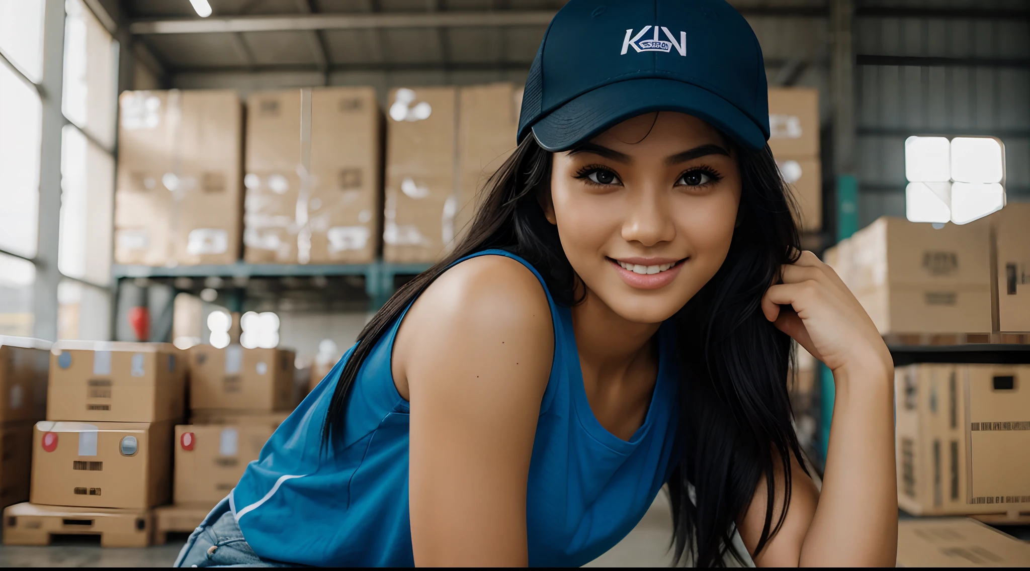 RAW Photo, DSLR BREAK (kkw-ph1:0.9) BREAK half body portrait of 1 young 20yo woman, black hair, wearing plain blue t shirt, plain blue trucker cap, perfect eyes, perfect lips, perfect nose, professional color graded, wonderful woman, ecommerce background, warehouse background, cute woman, medium tits , smiling, filipina, pinay, filipino woman, rule of thirds shot