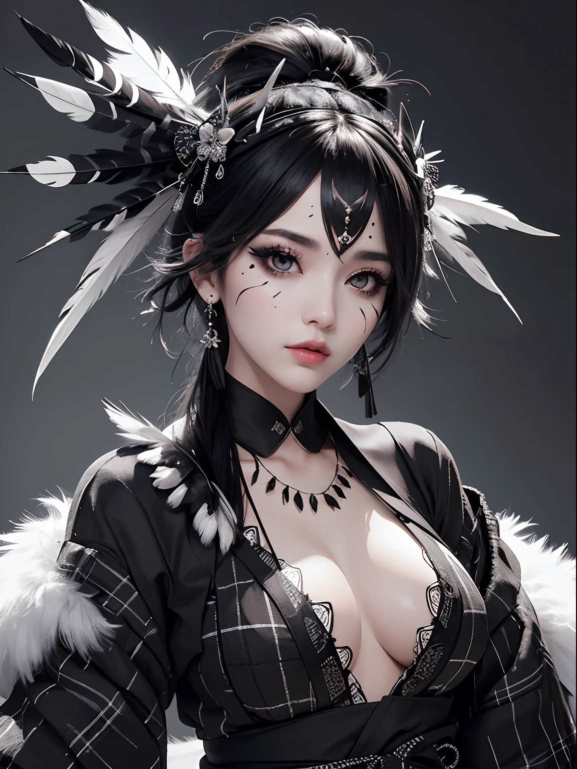 Black and white plaid kimono、a lot of black feathers on the head,,,,,,、Black eyeliner and black eyeshadow、A detailed face、detailed facial expression、Shoot from the waist up、Dynamic Posing、Fancy makeup、Fancy face paint、See-through stall、