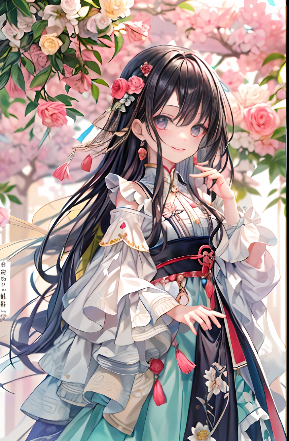 (tmasterpiece、top-quality、illustratio、Extremely high quality、high-level image quality、Extremely sensitive writing)Girl with long black hair standing in beautiful flower garden、A slight smile、She has a large bouquet、Cute national costume style dress,There are ruffles on the shoulders、Hair fluttering in the wind