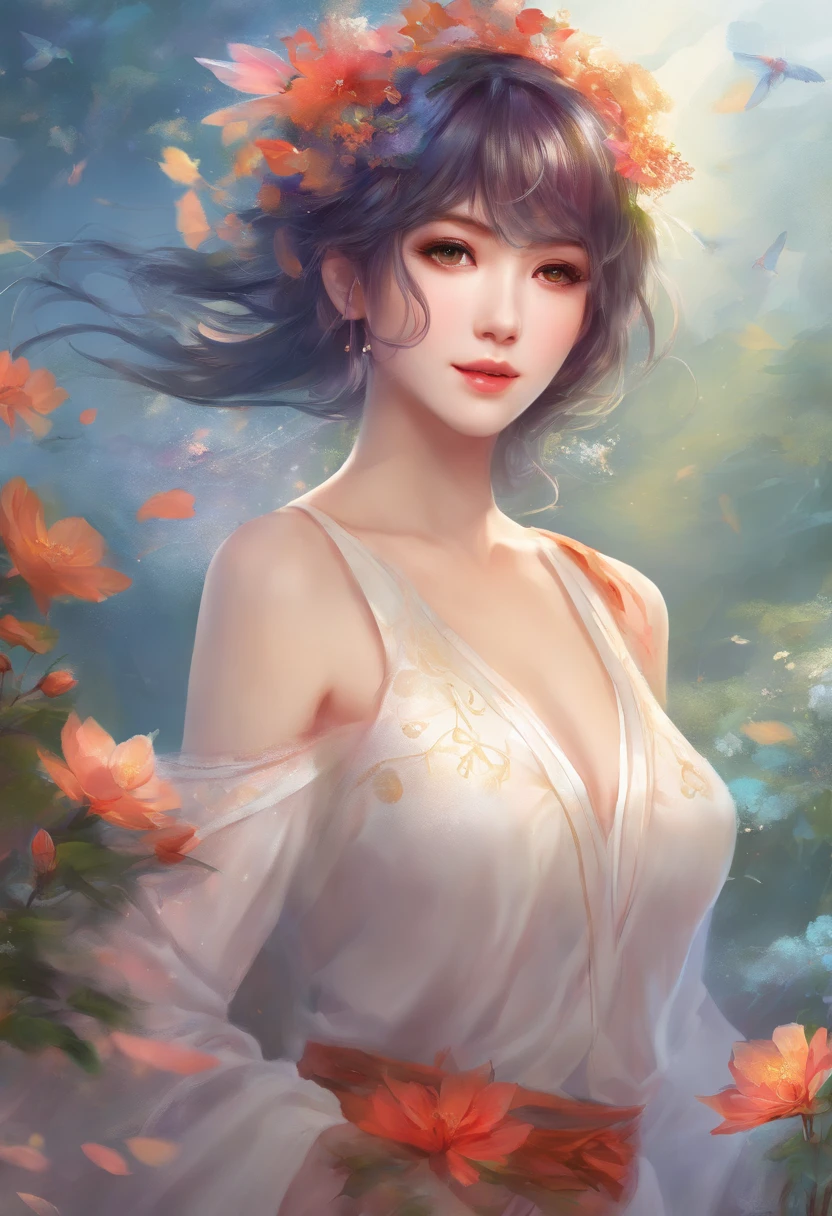 masterpiece, Best Quality, detailed, (1 girl), Alone, detailed golden eyes, by the wide, standing, close to the viewer, (detailed lingerie), light smile, medium breasts, (arms behind the back), Water, Sunset, (hair ornament), snowy mountain lake in the background