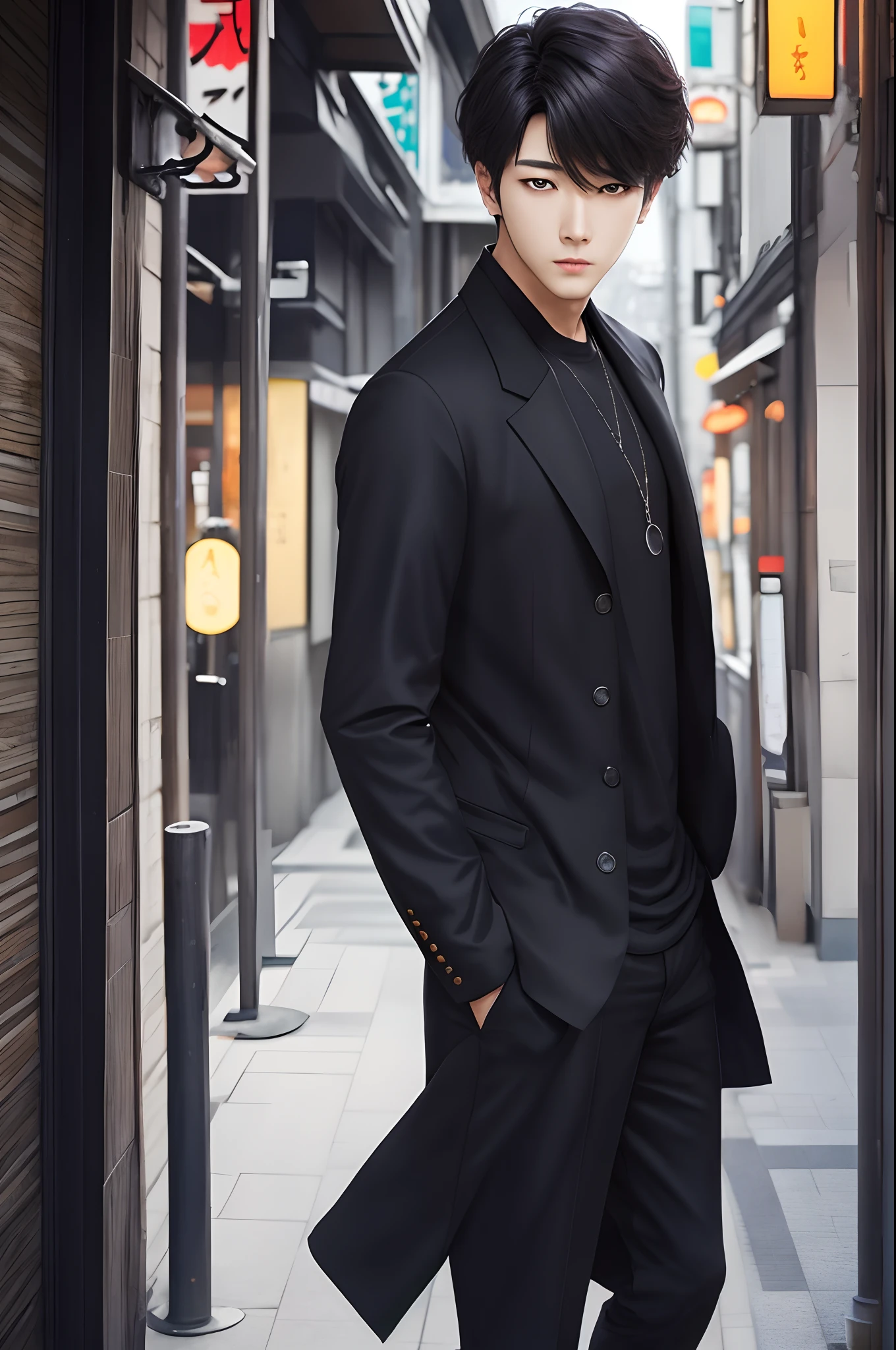 tmasterpiece、Adulte、Winks、front, Un brun、manteau noire、Pantalon noir、T-shirts blancs、coiffure coreen、Winks、Eyes drawn in detail、un beau、Inside the city of Tokyo、Mystical Light、dramatic light、Cinematic power、solo levelig , sung jin woo, Detailed personage, 1 boy, une dague dans chaque main gauche et droit --auto