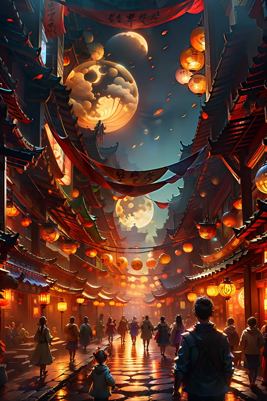 Mid-Autumn Festival poster depicting street atmosphere,Family reunion,Enjoy the moon together,Children playing with lanterns