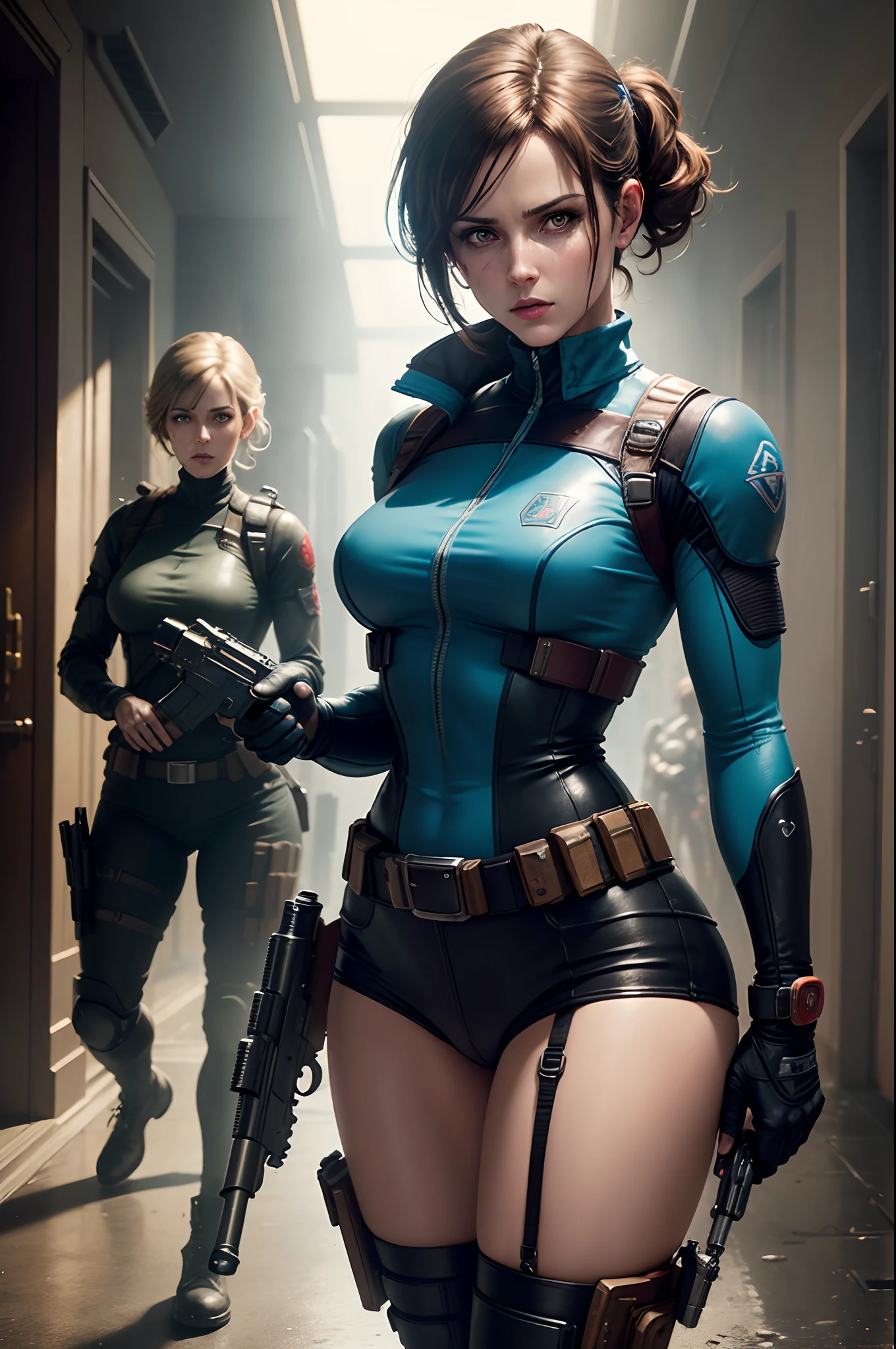 (Sci-fi fantasy), (Masterpiece), (professional oil painting) (best quality), (8k resolution), Jill Jill Valentine, Claire Valentine, Resident Evil, G virus, Raccoon City, capcom video game, focous on facees features of both Jill and Claire , beautiful faces, Zombies, G virus on the background, shooting positions, gun in their hands