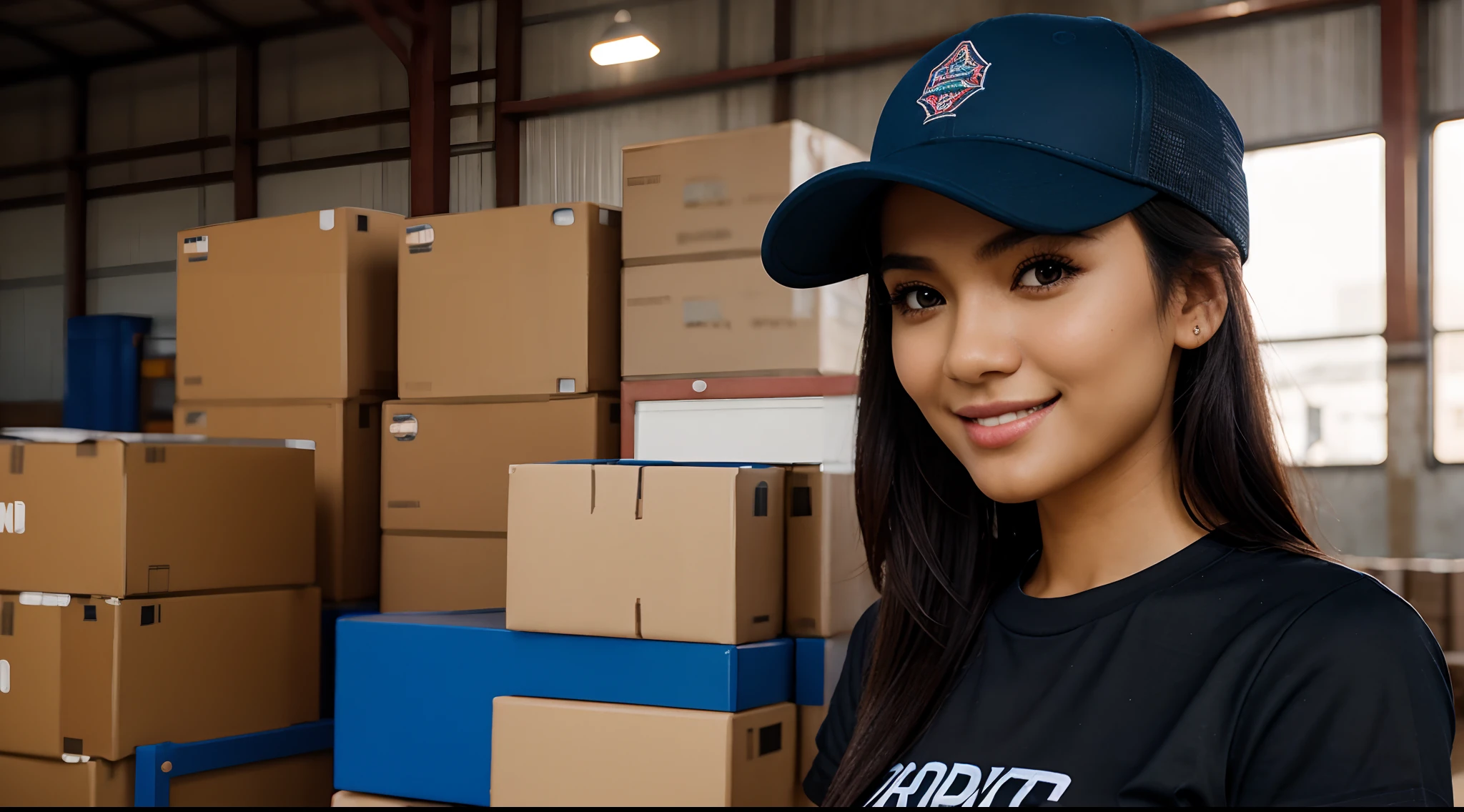 RAW Photo, DSLR BREAK (kkw-ph1:0.9) BREAK half body portrait of 1 young 20yo woman holding brown boxes, black hair, wearing plain blue t shirt, plain blue trucker cap, perfect eyes, perfect lips, perfect nose, professional color graded, wonderful woman, ecommerce background, warehouse background, cute woman, medium tits , smiling, filipina, pinay, filipino woman, rule of thirds shot