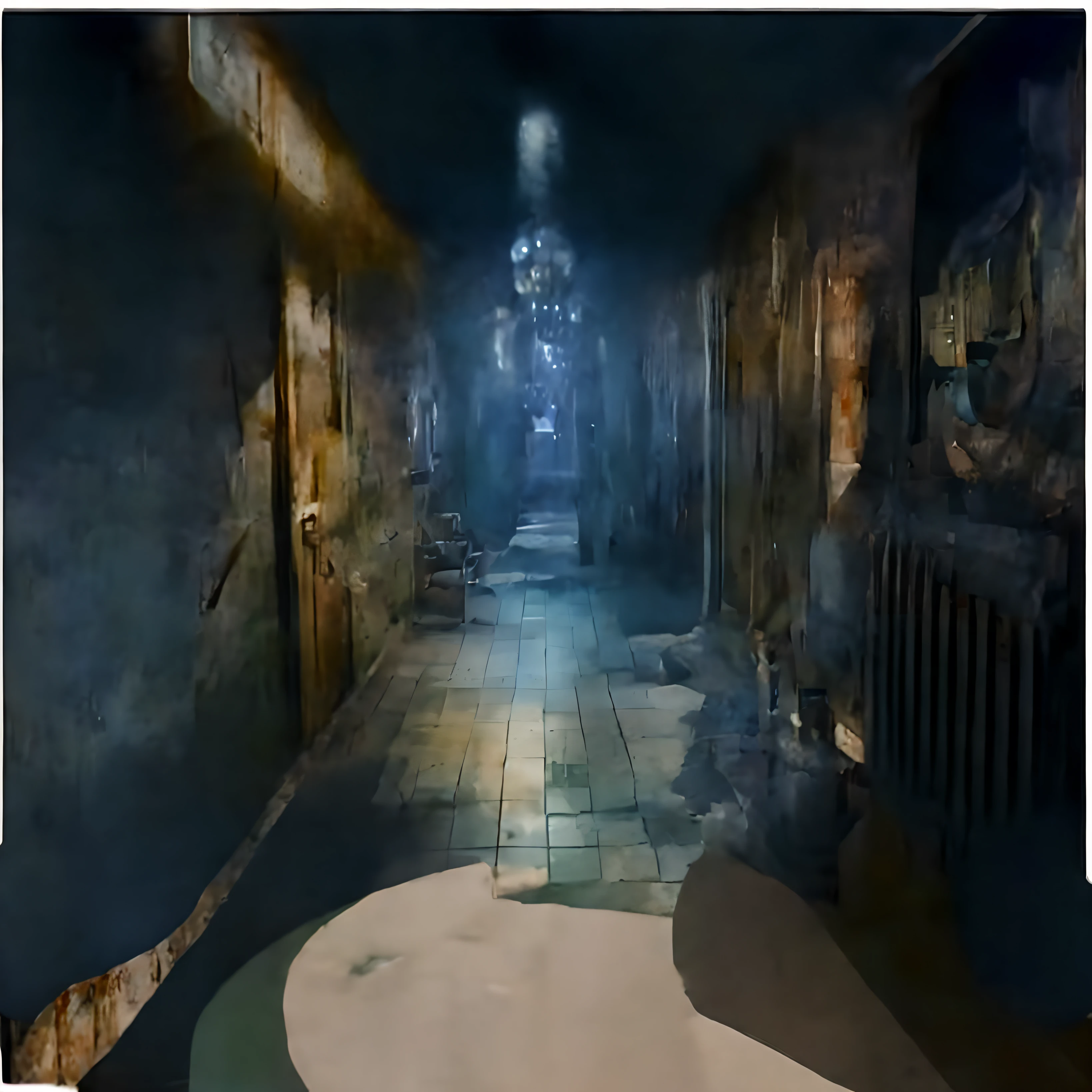 There is a statue sitting at the end,Dilapidated mental hospital scene, 2d game environment design, game environment, background of resident evil game, Claustrophobic room, game screenshot, mysterious laboratory, Incredible and scary atmosphere, videogame still