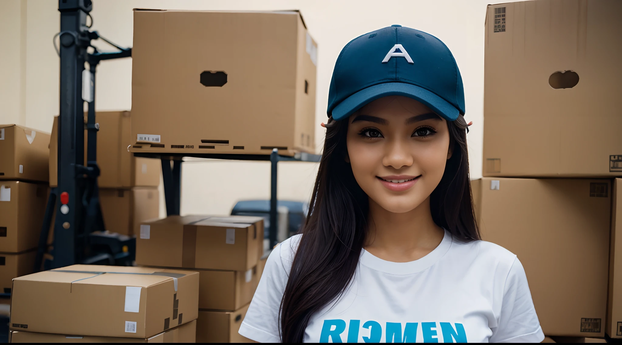 RAW Photo, DSLR BREAK (kkw-ph1:0.9) BREAK half body portrait of 1 young 20yo woman holding brown boxes, black hair, wearing plain blue t shirt, plain blue trucker cap, perfect eyes, perfect lips, perfect nose, professional color graded, wonderful woman, ecommerce background, warehouse background, cute woman, medium tits , smiling, filipina, pinay, filipino woman, rule of thirds shot