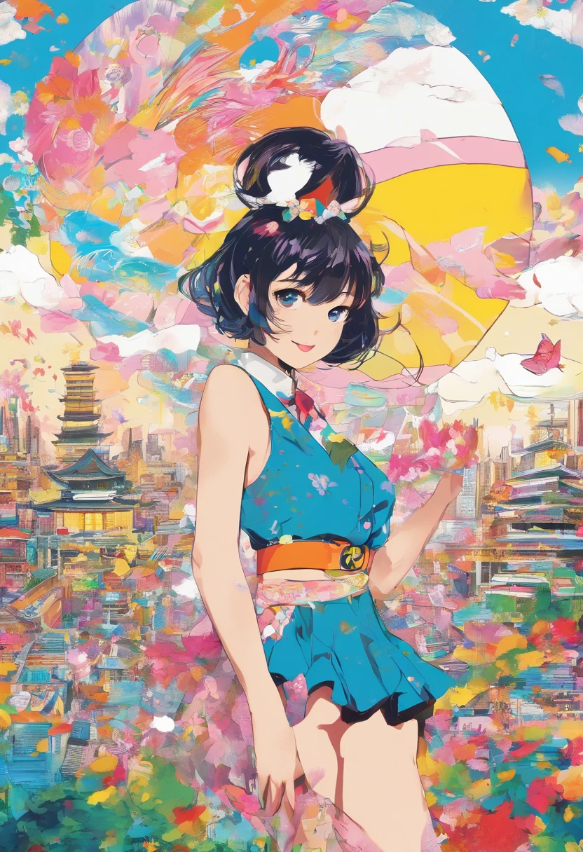 ((top-quality, in 8K,Raw photo)), (Realistic, Photorealsitic: 1.37), (Face Focus: 1.1), Cute Japan girl girl, short-hair, Hair fluttering in the wind, femele、Japan idol system、(Sleeveless: 1.1)、Skirt, C cup breasts,