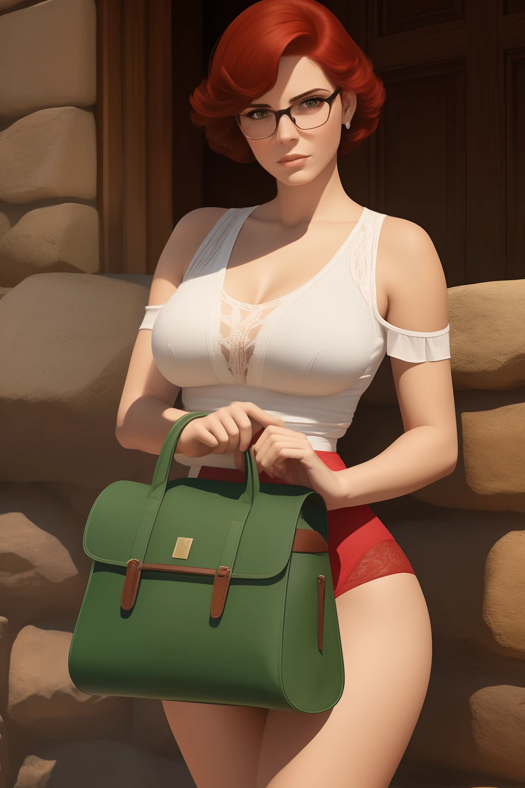 Arte similar Jonh Buscema,1garota,short hair up to the shoulders,ruiva,olhos verdes, estudante colegial, with prescription glasses, super realistic, middlebreasts, roupas de uma jovem colegial, incluso saia rodada,, olhar sensual, sexy, 4k resolution, Lotes Cameltoe, lotes de dedo de camelo, Sentido Superior, red hair, cotton clothes , carregando uma mochila escolar nas costas