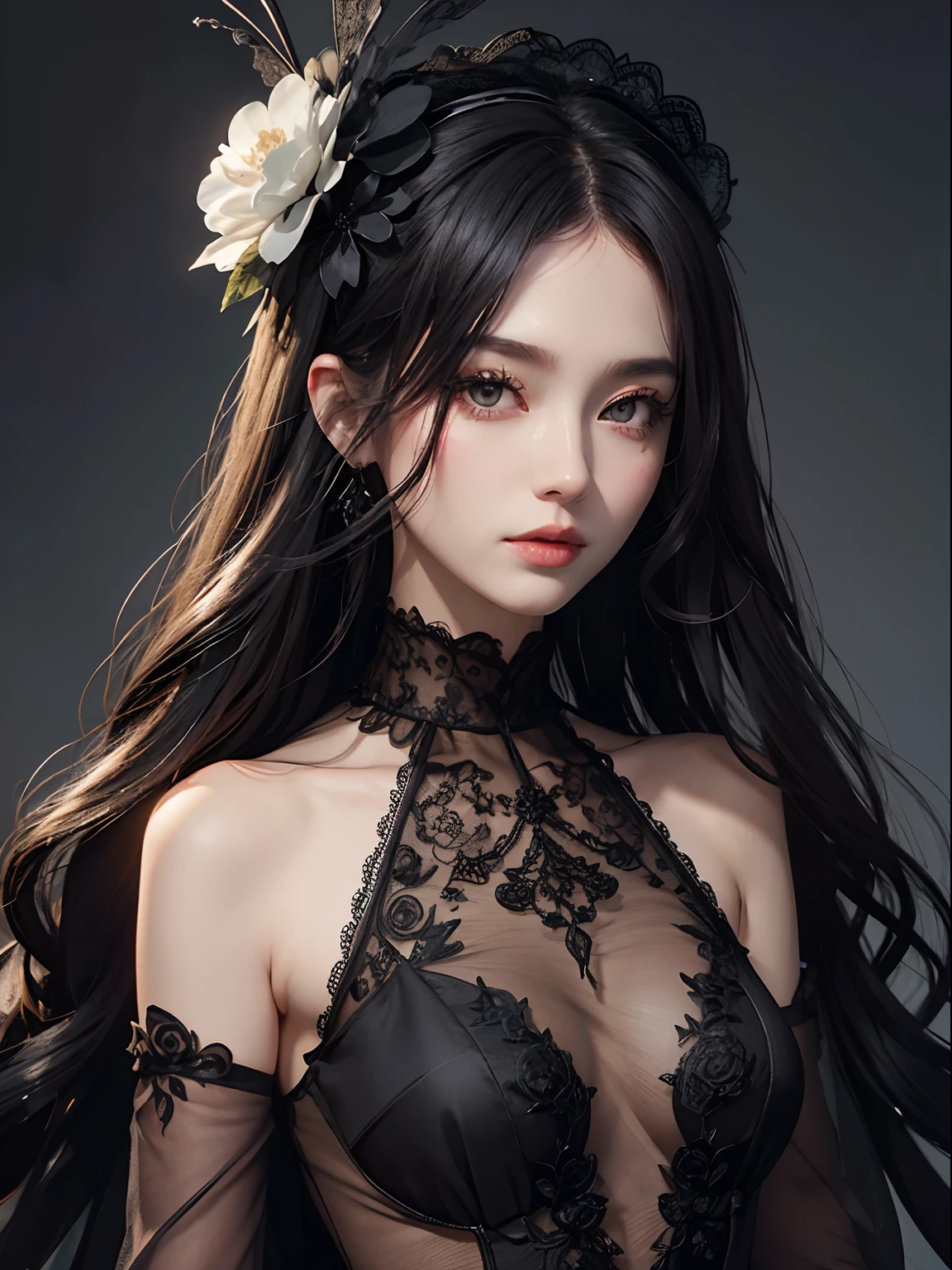 Black cocktail hat with small lace flowers on the head、A detailed face、Dynamic Posing、Black see-through black halter neck dress、Show shoulders、Lace fabric on face、Thin see-through lace fabric