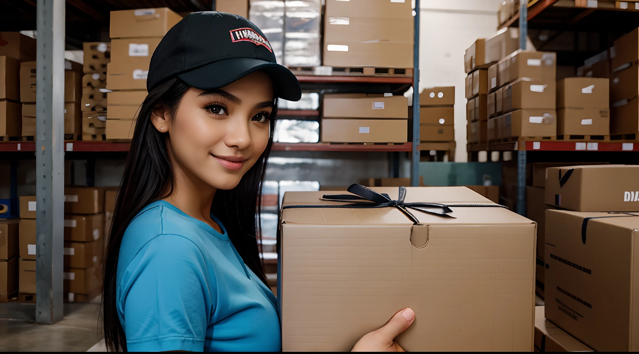 RAW Photo, DSLR BREAK (kkw-ph1:0.9) BREAK half body portrait of 1 young 20yo woman holding brown boxes, black hair, wearing plain blue t shirt, plain blue trucker cap, perfect eyes, perfect lips, perfect nose, professional color graded, wonderful woman, ecommerce background, warehouse background, cute woman, medium tits , smiling, filipina, pinay, filipino woman, rule of thirds shot