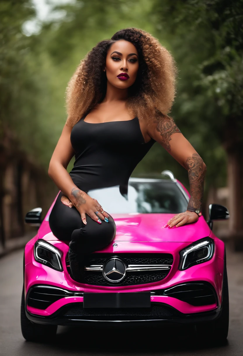 (Masterpiece - Detailed - Best Quality)
The image depicts a gorgeously thick and curvaceous black woman with long blonde curly hair posing confidently beside a sleek black Mercedes-Benz GLA luxury SUV. Her stunning barbiecore style and glowing neon tattoos make her the focal point.
The woman wears a hot pink lace-up mini dress that hugs every inch of her hourglass figure. One side is split to show off her smooth leg, which is adorned with vibrant neon tattoos that pulse in hypnotic patterns just under her skin. Her lustrous curls flow over her shoulders, and she gazes at the camera with bold lashes and glossy lips.
Beside her is framed the aggressive front grille and flowing curves of the 2022 Mercedes-Benz GLA SUV in black. The vivid glow of the woman's tattoos reflects across its polished frame and tinted windows.
The woman's confident style and the sleek vehicle complement each other beautifully in an atmosphere celebrating luxurious aspirations. Her neon-inked skin and barbiecore dress make her radiate with charisma against the dark forest road.
(Masterpiece - Detailed - Best Quality)
