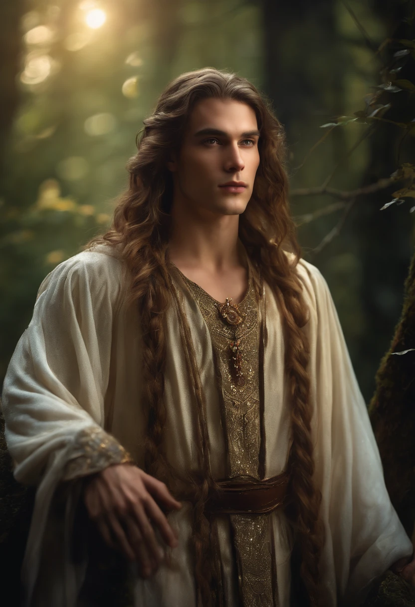 ((One Man)), (((Fantasy portrait of a beautiful young man in a mithorogic costume))), ((Long sleaves)), With mystical colored eyes, pale skin, Loose braided long hair, Magical, Beautiful, Enchanting, Photorealism, mid-shot, ((Deep forest)), Fantasy Art, (((Many sparkling particles in the air))), ((Ethereal fantasy art)),