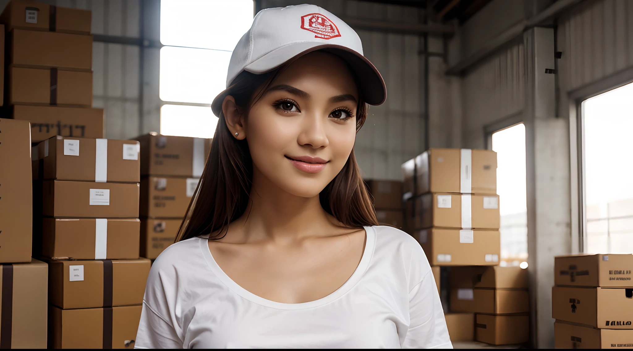 RAW Photo, DSLR BREAK (kkw-ph1:0.9) BREAK half body portrait of ung 20yo woman holding brown boxes, brown hair, wearing plain white t shirt, plain white trucker cap, perfect eyes, perfect lips, perfect nose, professional color graded, wonderful woman, ecommerce background, warehouse background, cute woman, medium tits , smiling, filipina, pinay, filipino woman, rule of thirds shot