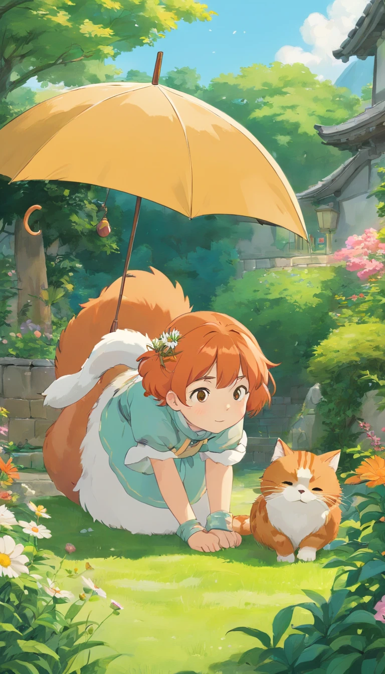 In the garden, a girl with orange hair lies on the tail of a huge cat,Children's picture book style,The cat cat is very big,The girl wears a floral dress and green patterned socks,Cute little flowers grow on the lawn,Next to it is a cute umbrella that stretches out,The picture is warm and purifies the soul,Department of Healing