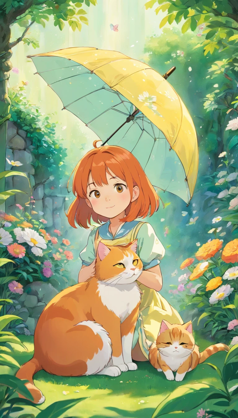 In the garden, a little girl with orange hair lies on the tail of a huge cat,Children's picture book style,The cat cat is very big,The girl wears a floral dress and green patterned socks,Cute little flowers grow on the lawn,Next to it is a cute umbrella that stretches out,The picture is warm and purifies the soul,Department of Healing