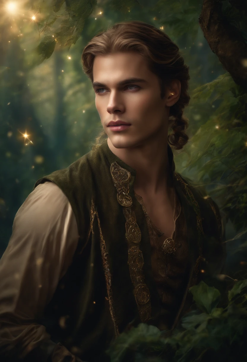 ((One Man)), (((Fantasy portrait of a beautiful young man in a mithorogic costume))), ((Long sleaves)), With mystical colored eyes, pale skin, Loose braided long hair, Magical, Beautiful, Enchanting, Photorealism, mid-shot, ((Deep forest)), Fantasy Art, (((Many sparkling particles in the air))), ((Ethereal fantasy art)),
