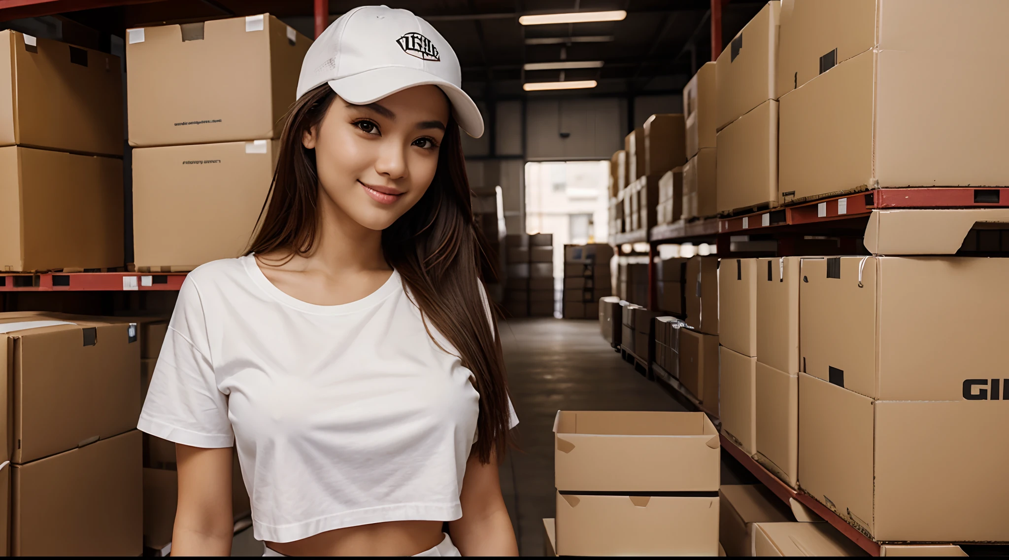 RAW Photo, DSLR BREAK (kkw-ph1:0.9) BREAK half body portrait of 1 young 20yo woman holding brown boxes, brown hair, wearing plain white t shirt, plain white trucker cap, perfect eyes, perfect lips, perfect nose, professional color graded, wonderful woman, ecommerce background, warehouse background, cute woman, medium tits , smiling, filipina, pinay, filipino woman, showing butt, rule of thirds shot