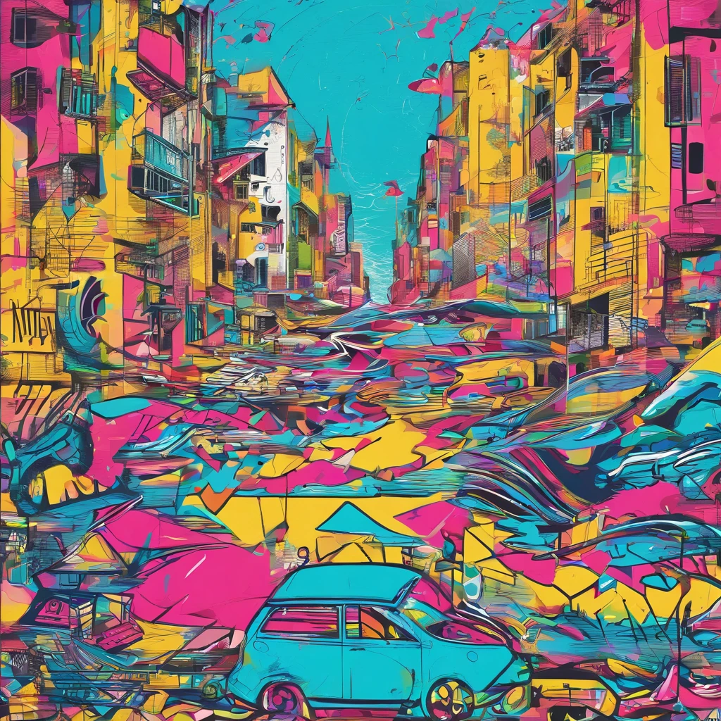 ((top-quality、8k、masterpiece:1.3))、(((Grapffiti))),hight resolution、Official Art, 统一 8k 壁纸, ultra-detailliert, Thick yellow line、Light blue thick lines、Thick white lines、Pink thick lines、abstract painting,(Very thick lines)、vague、pop-art、Modern、bilaterally symmetrical、Geometric pattern、Image of the sea