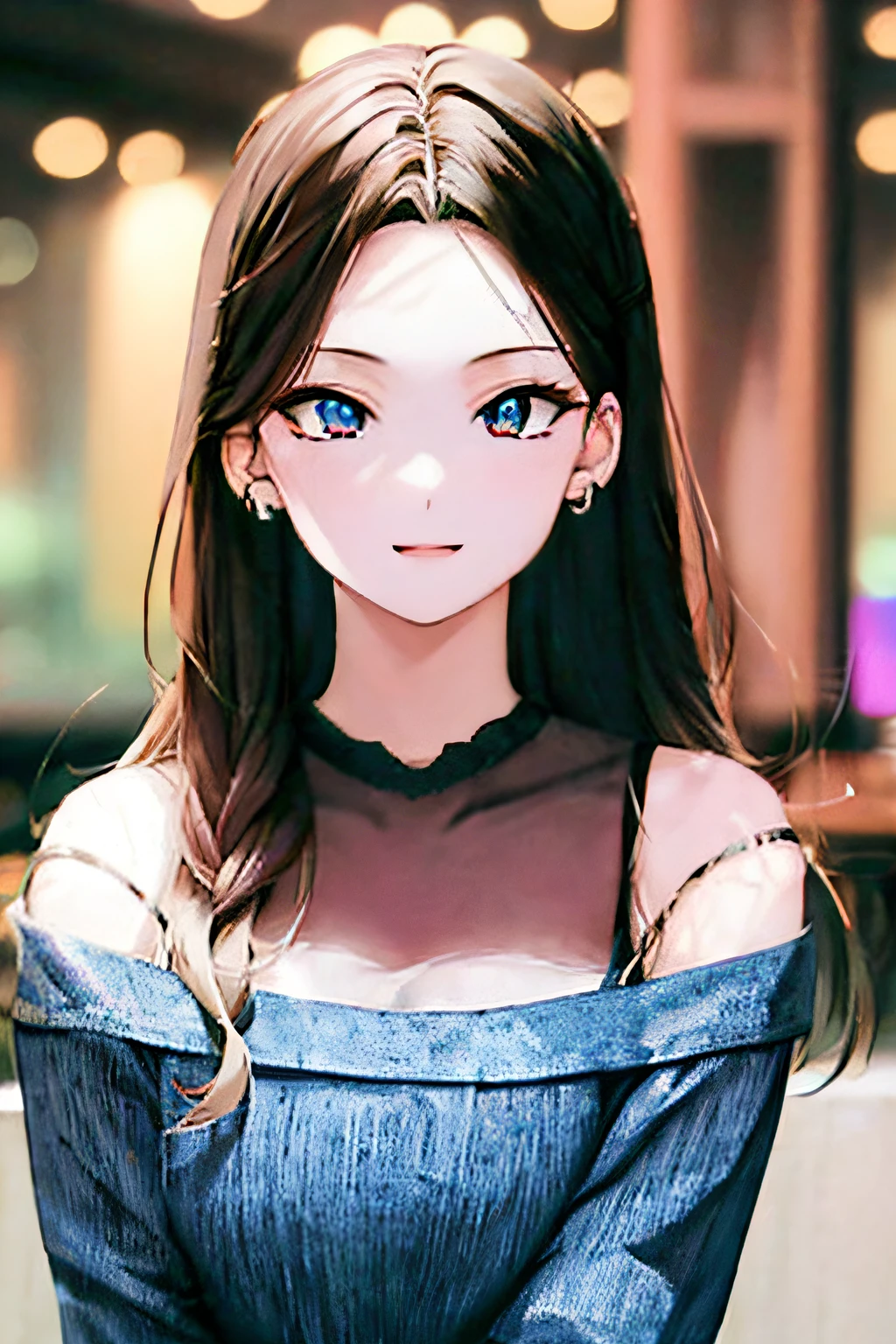 The best quality illustrations、One girl in anime、Itsi Yezi、Looking here、Wearing an off-shoulder blouse、Black eye