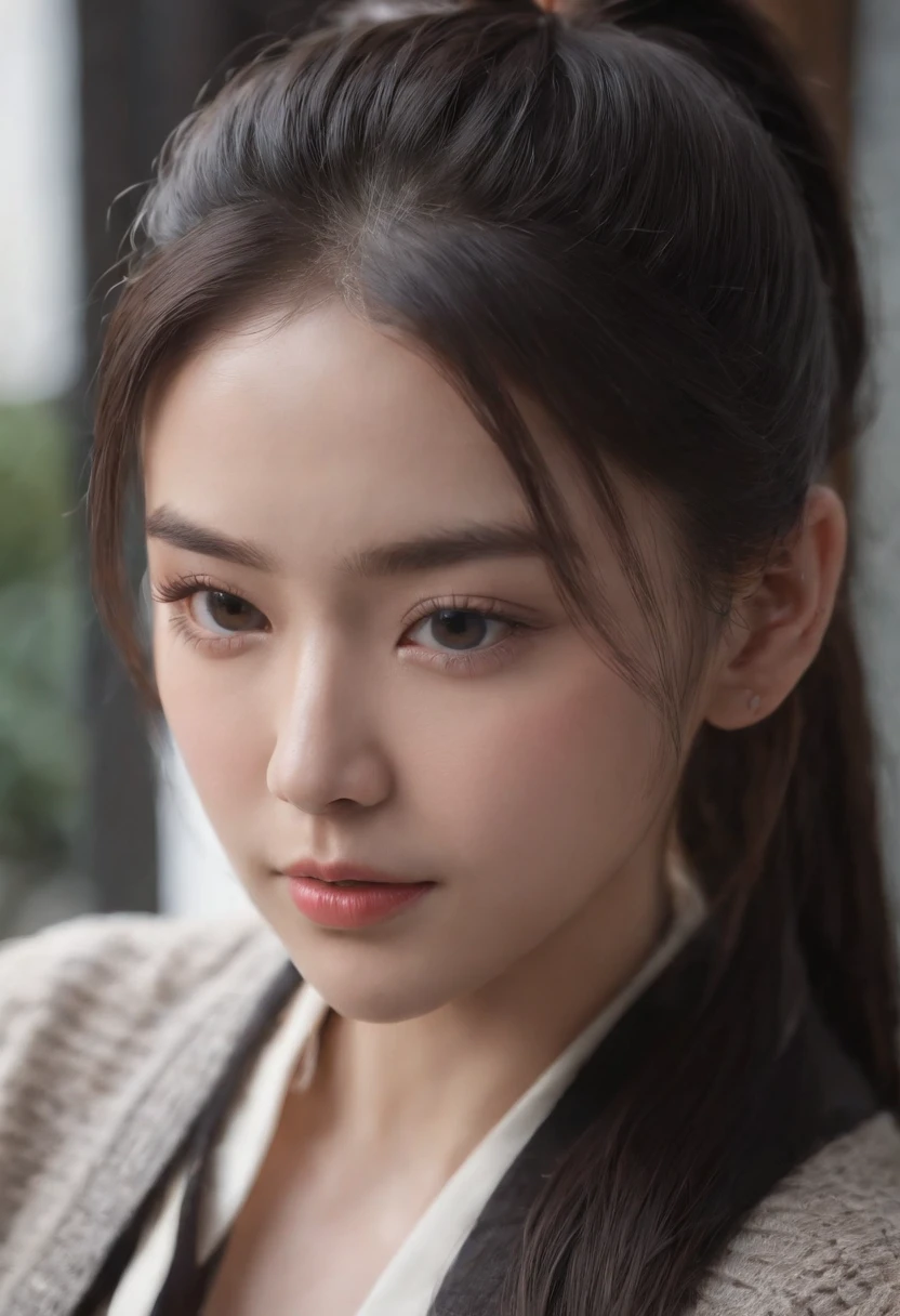 1 girl, Japanese girl, black hair, ponytail, masterpiece, best quality, beautiful, Soft lighting, 4k, Details, detailed gorgeous face, cardigan, sharp focus