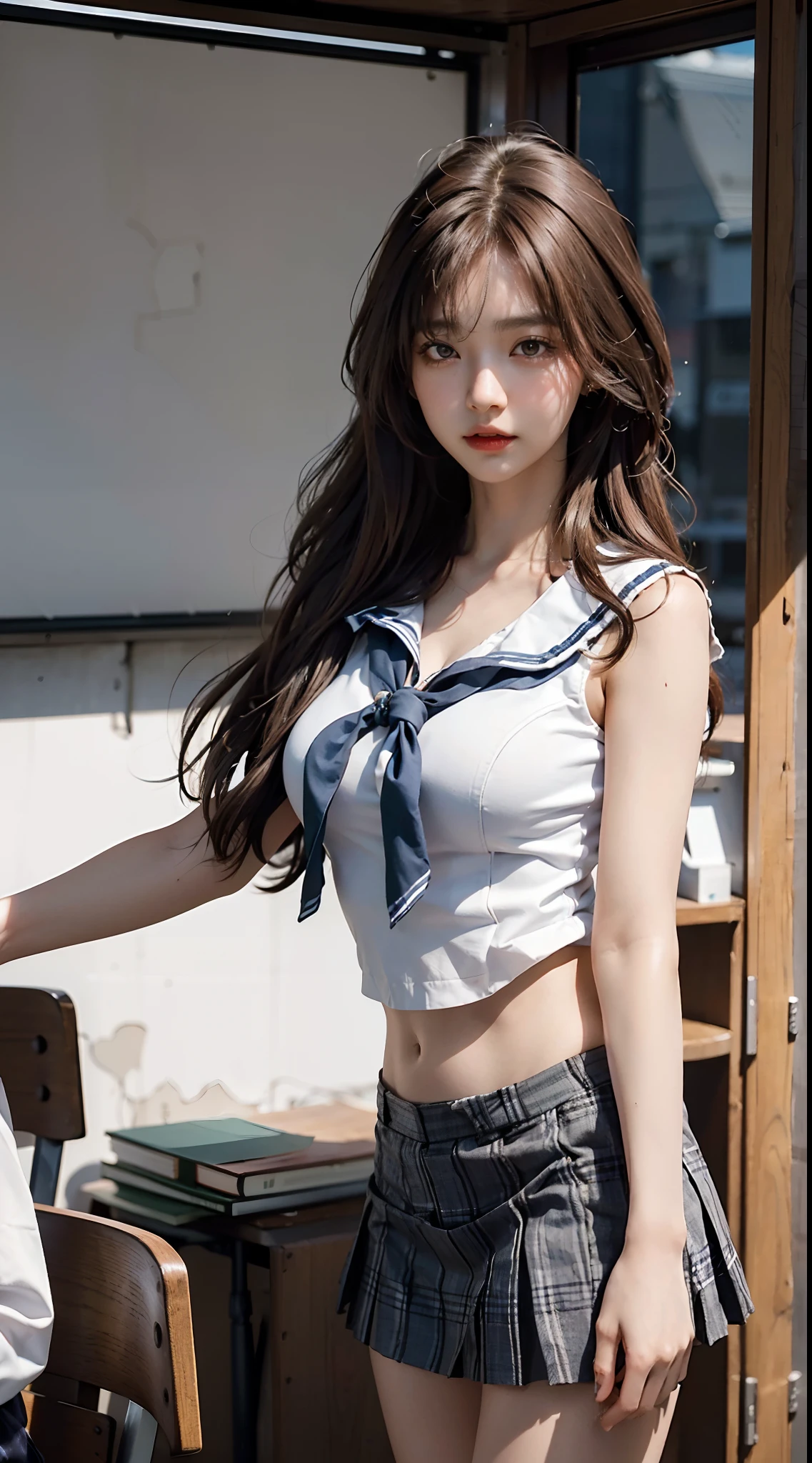 Masterpiece, Best quality, (Realistic, photo-realistic:1.4), (RAW photo:1.2), Extremely detailed Cg Unity 8K wallpaper, An extremely delicate and beautiful, Amazing, finedetail, offcial art, absurderes, unbelievable Ridiculous, hugefilesize, Ultra-detailed, Extremely detailed, Beautiful detailed girl, Extremely detailed eyes and face, Beautiful detailed eyes, light in face,1girll, ((Brown hair)), Very long hair, Solo, Cute, view the viewer, (perfect women figure), Slim waist, full bodyesbian, mediuml breasts, standing, ((Sailor suit)), Plaid skirts, Collared shirt, midriff, Open clothes, Sleeveless shirt, Bare arms, bangs, school, Classroom, ulzang-6500-v1.1, (Kpop idol)