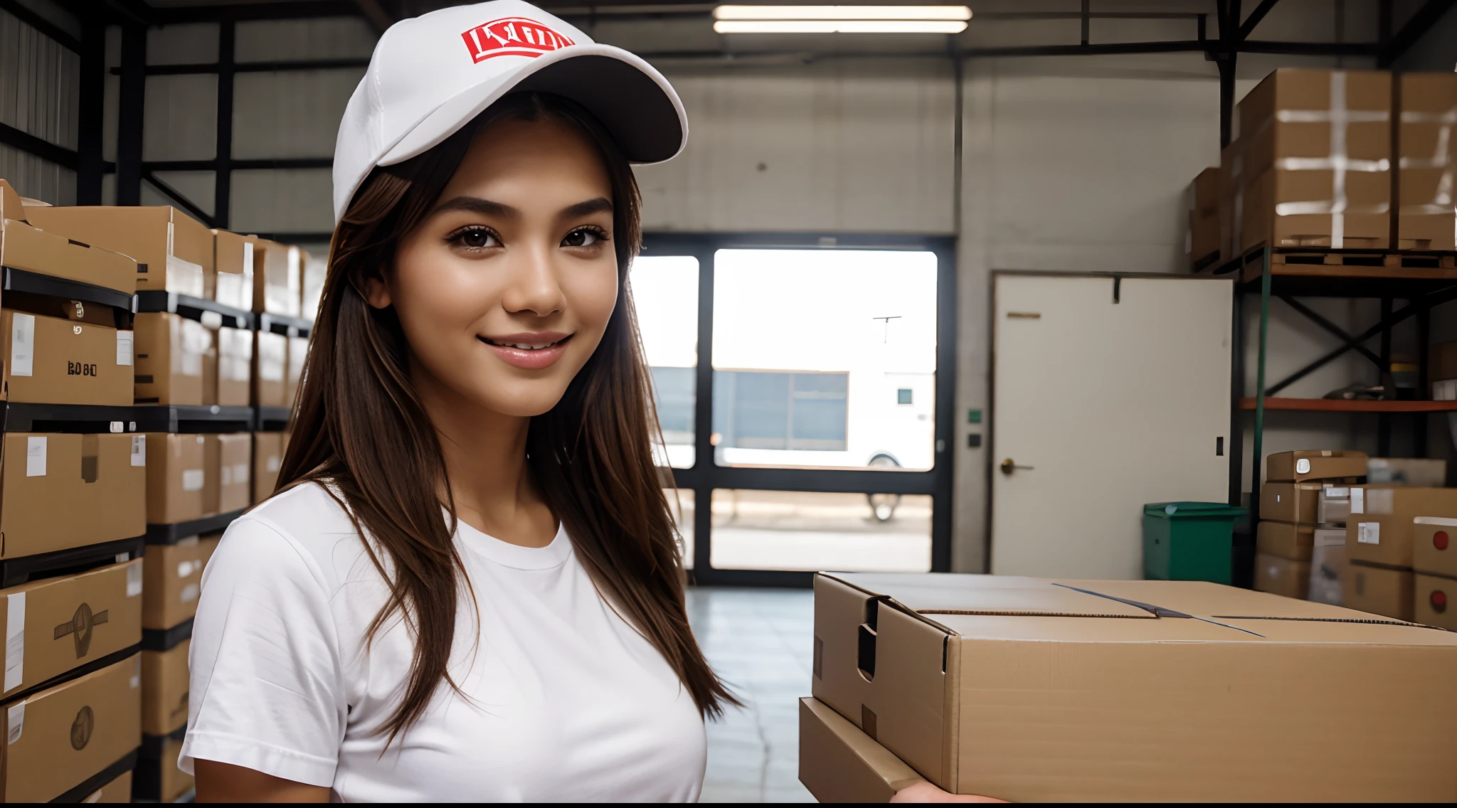 RAW Photo, DSLR BREAK (kkw-ph1:0.9) BREAK half body portrait of ung 20yo woman, holding box, holding box, brown hair, wearing plain white t shirt, plain white trucker cap, perfect eyes, perfect lips, perfect nose, professional color graded, wonderful woman, ecommerce background, warehouse background, cute woman, medium tits , smiling, filipina, pinay, filipino woman, showing butt, rule of thirds shot