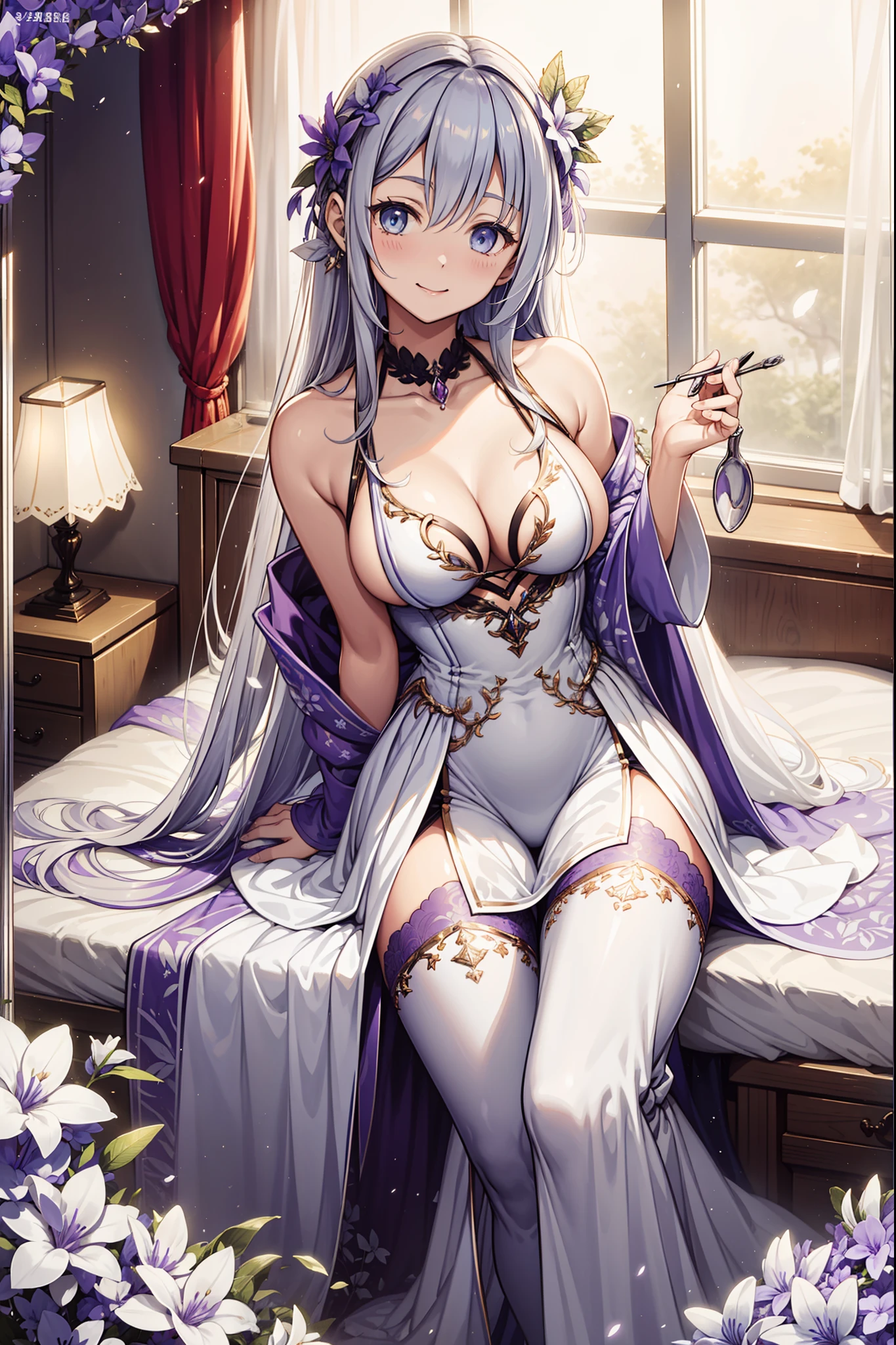 teens girl，Enchanted，having fun，Being in love，(White spoon maxi dress)，Faint purple flower pattern，see-through transparent clothes，exquisite costumes，Bedrooms，solo person，Light silver hair，eBlue eyes，the night，lacepantyhose