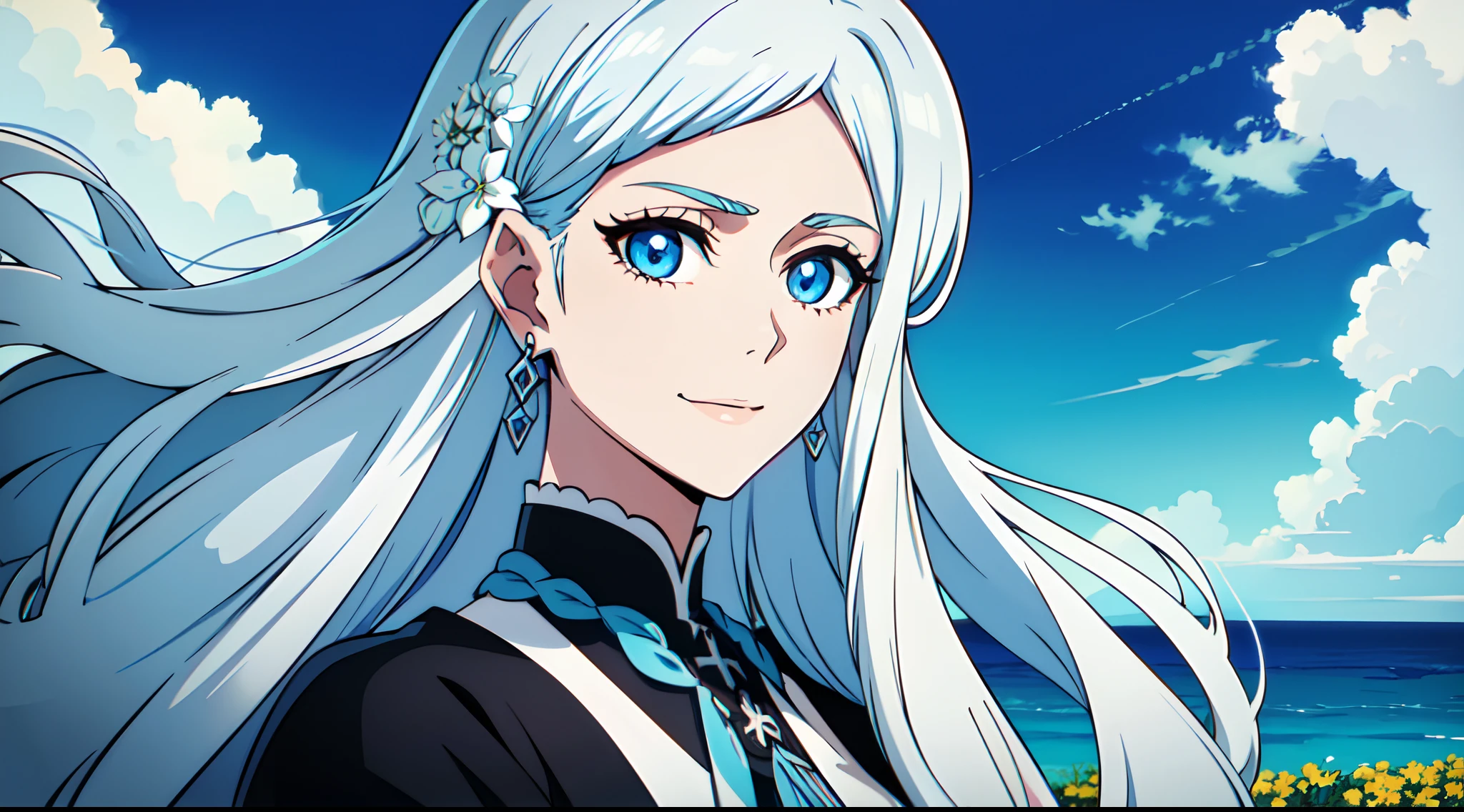 masterpiece, best quality, 1lady, very long hair with, white hair braiding, light blue eyes, light smile, earrings, flowers hairpin, blue sky, outdoors, close up, shinigami